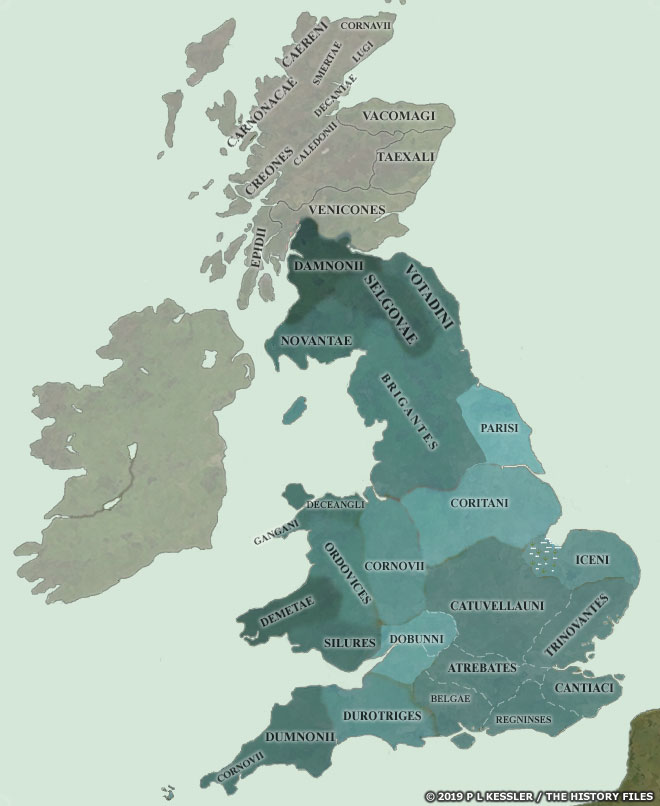 A historical map of pre-Roman Britain showing the territories of various Celtic tribes before the Roman conquest. Tribes such as the Brigantes, Iceni, Catuvellauni, and Caledonii are labeled across present-day England, Scotland, and Wales. The map uses shades of green and blue to differentiate regions and is credited to P.L. Kessler and The History Files, 2019).