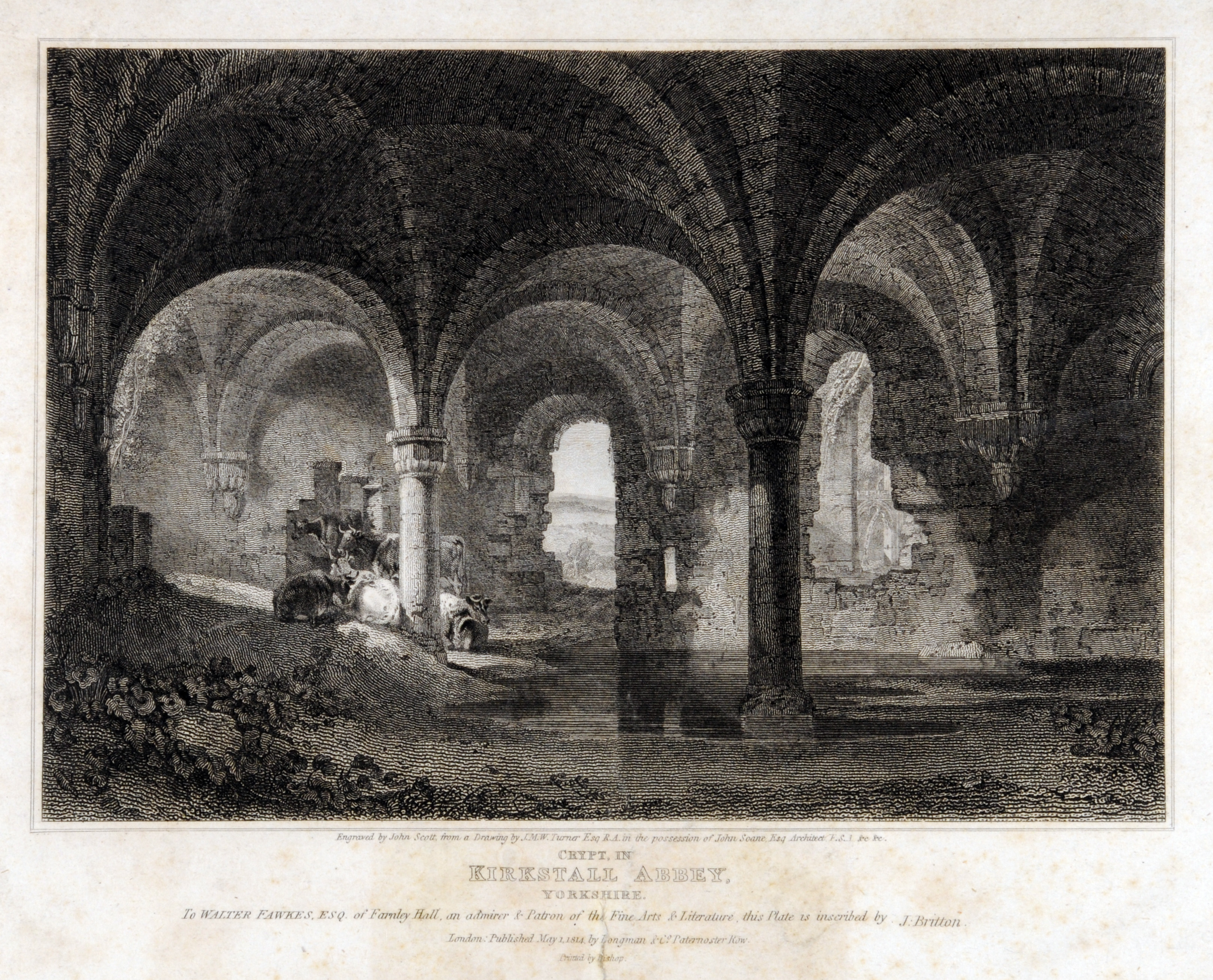 Black and white engraving showing columns and arches of the crypt