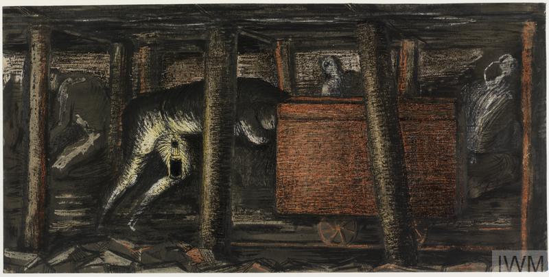 At the Coal Face, A Miner Pushing a Tub by Henry Moore, 1942, image shows the interior of a mine-shaft with miners working a face in the background. A miner pushes a coal tub on a track through a forest of wooden props, bent double and with a Davy lamp hanging from his waist