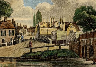 Drawing in colour of a country inn with a bridge and river in the foreground