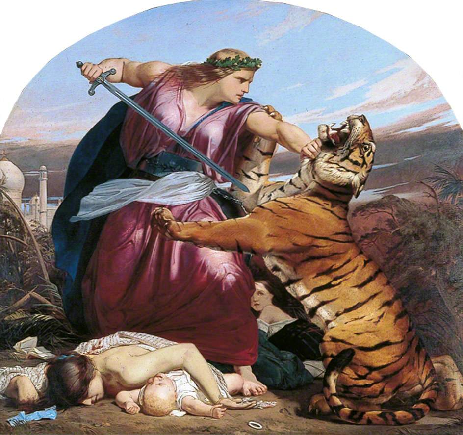 Oil painting titled Retribution by Edward Armitage showing allegorical female figure of Britannia and a tiger representing India