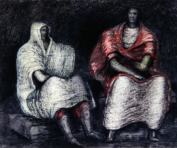 Air Raid Shelter: Two Seated Women by Henry Moore, 1941, drawing shows the dark interior of a London underground with two women sitting, wrapped in blankets over their arms and head (one red, one white) with their hands tucked between their knees
