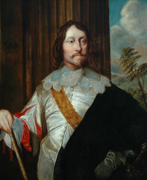 A painted portrait of a 17th-century nobleman in ornate armor with a lace collar and a gold sash, gazes confidently. Dark cloak draped over one shoulder, with a solemn backdrop.