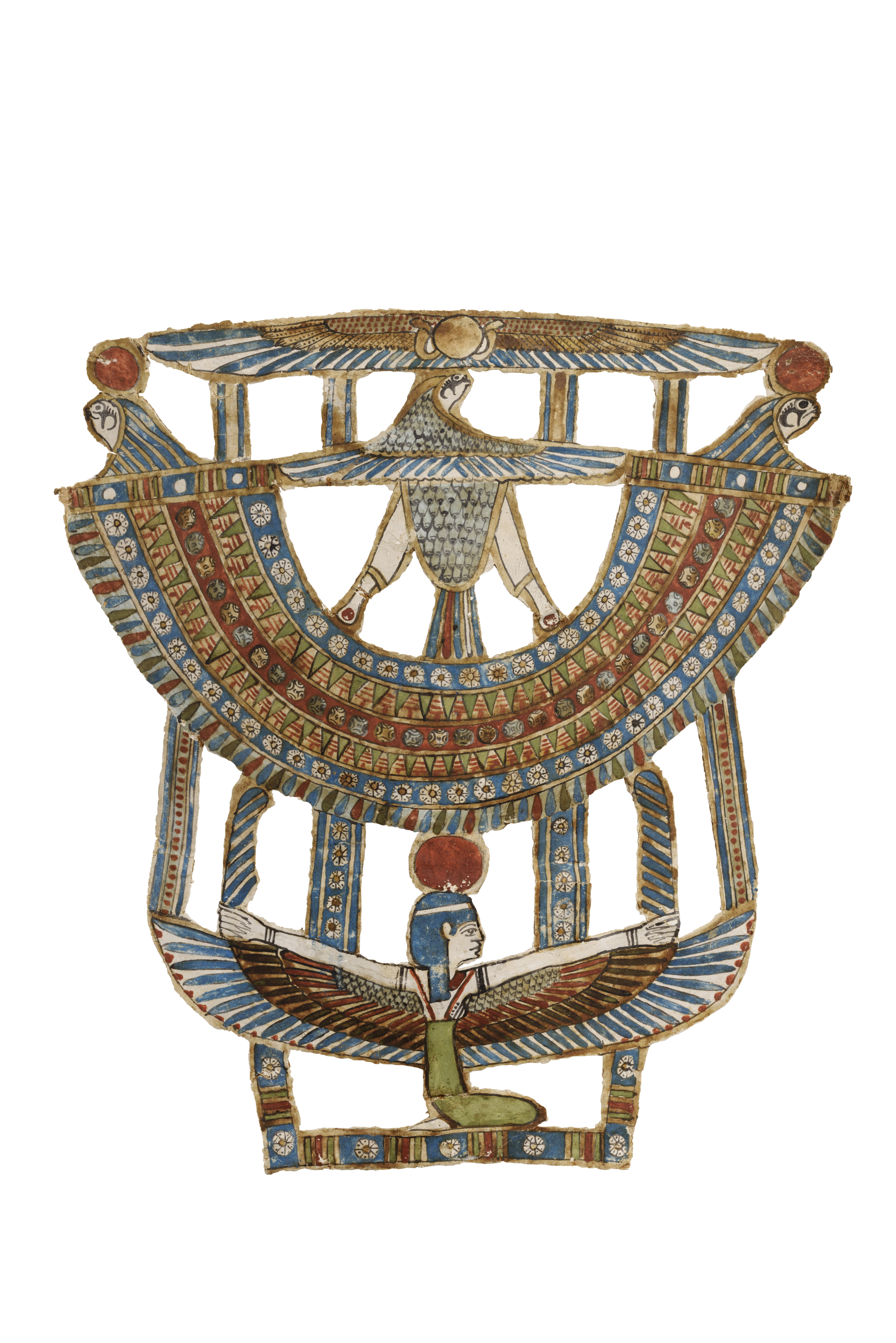 An intricately painted ancient Egyptian amulet featuring a winged figure at the bottom, symbolizing protection. Above, arches decorated with geometric patterns in blue, red, and gold form a layered design. Two falcons with sun discs face outward at the top, while a central falcon with outstretched wings holds the middle. The design is detailed, colourful, and balanced.