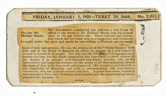 Press cutting from The Jewish Chronicle dated Friday 3 January 1908