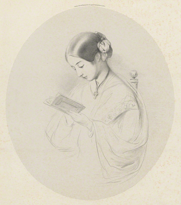 Pencil sketch of Florence as a young woman sitting in a chair and reading a book.