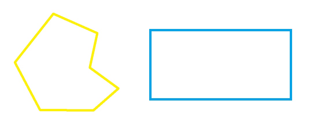 A white background shows a yellow outline of an irregular seven-sided shape next to a blue outline of a rectangle.