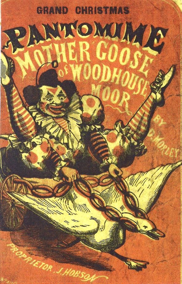 Illustration shows a clown in a cart being pulled along by a goose. The clown's costume is white and orange spots and stripes