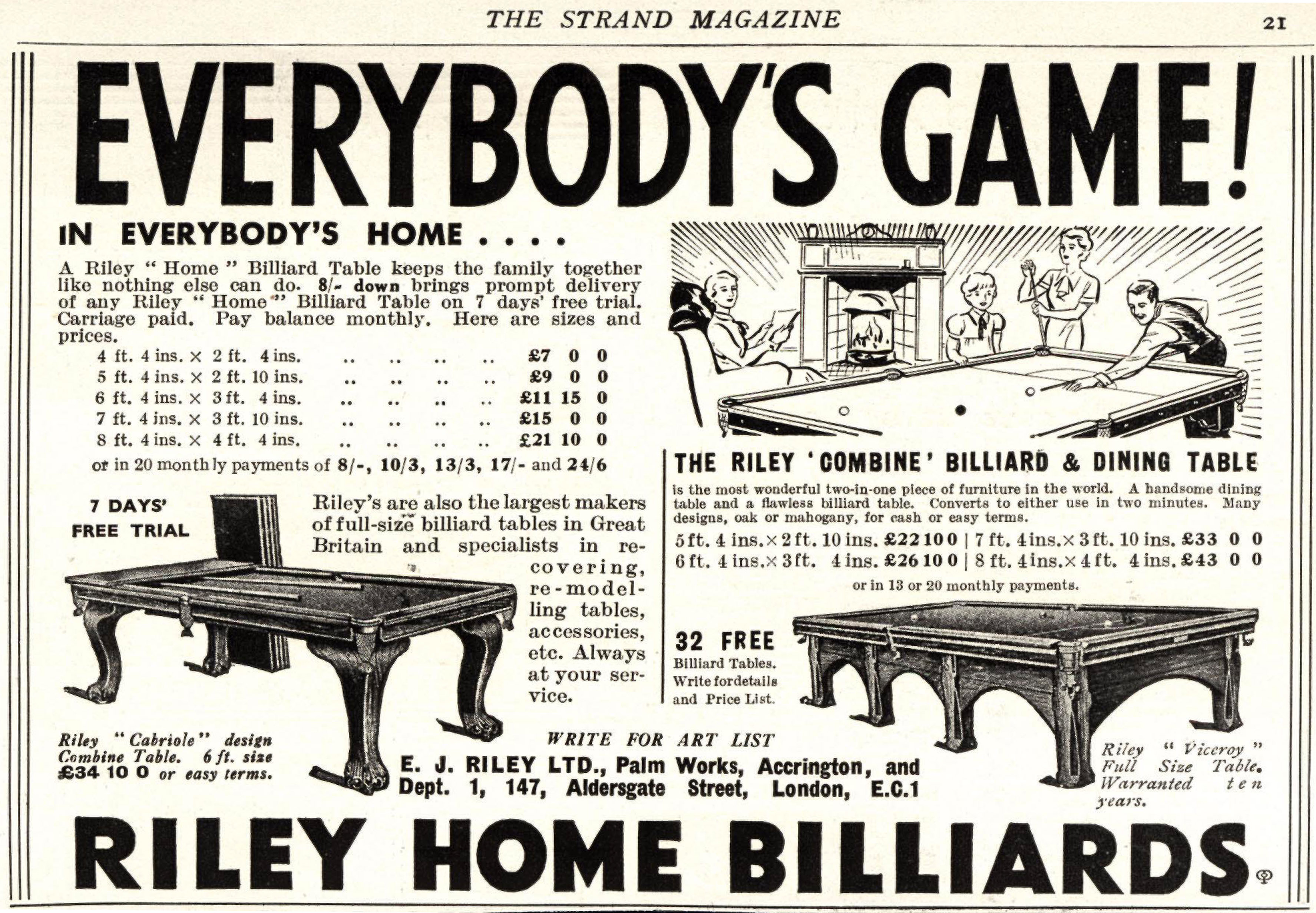 Black and white printed advert from  The Strand Magazine advertising Riley billiard tables