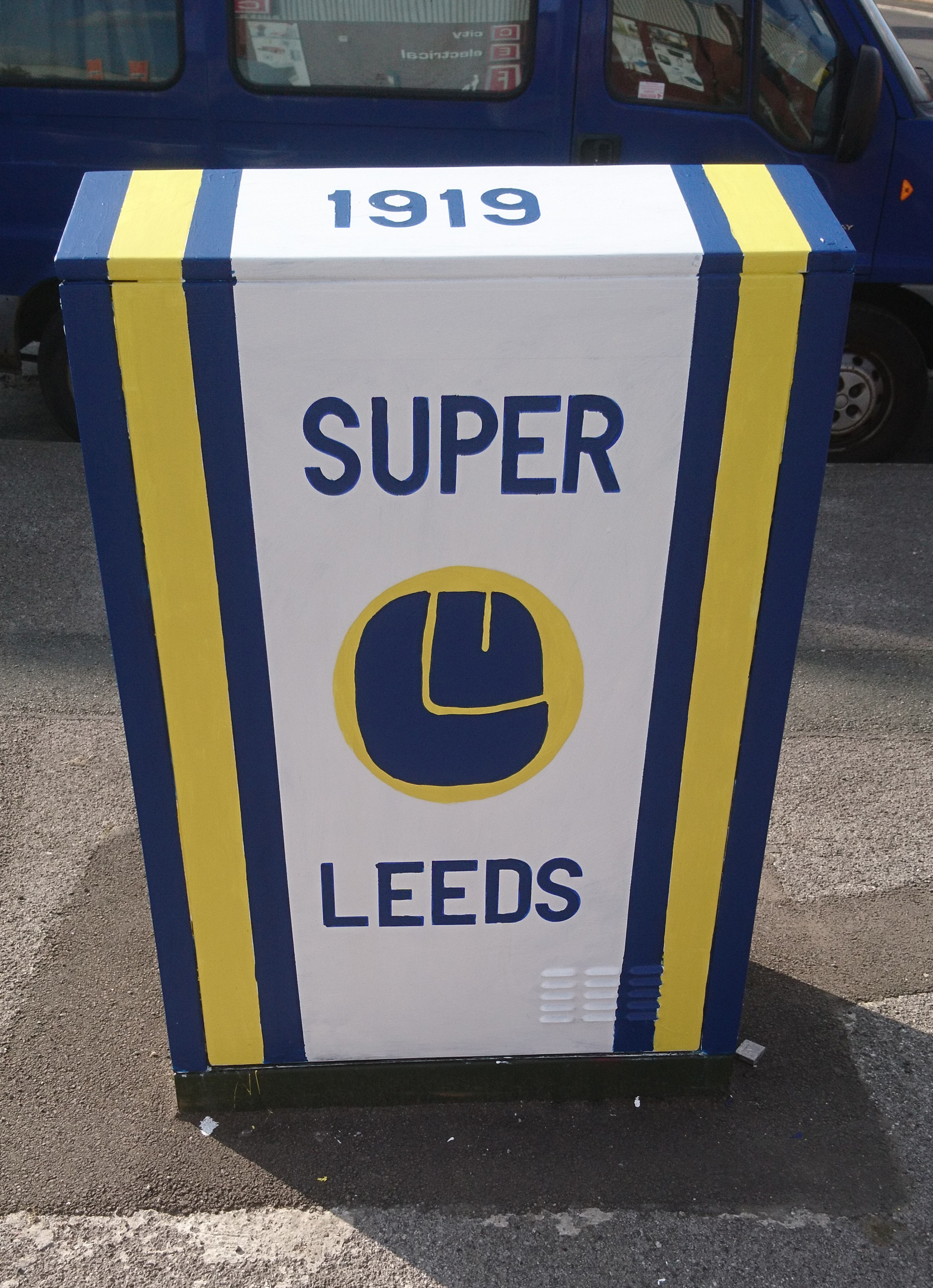 Utility box outside Elland Road stadium, painted by local fan