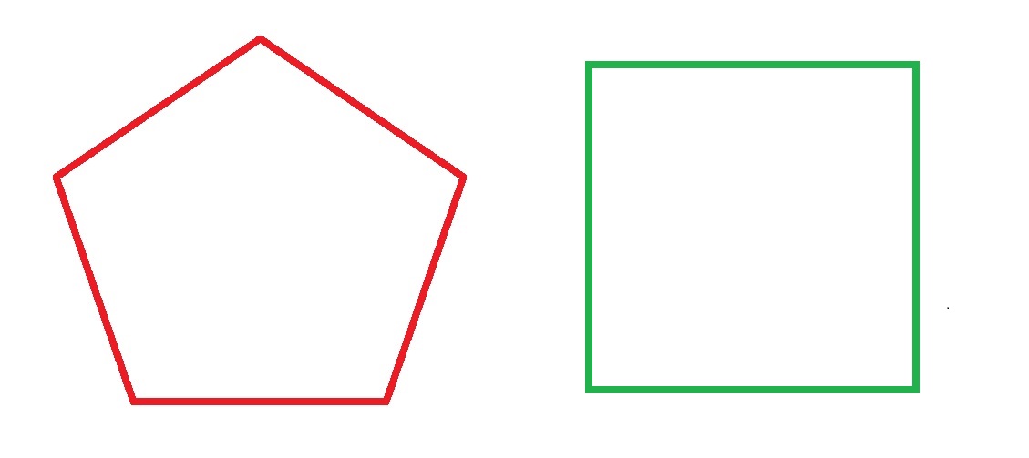 A white background shows a red outline of a pentagon next to a green outline of a square.