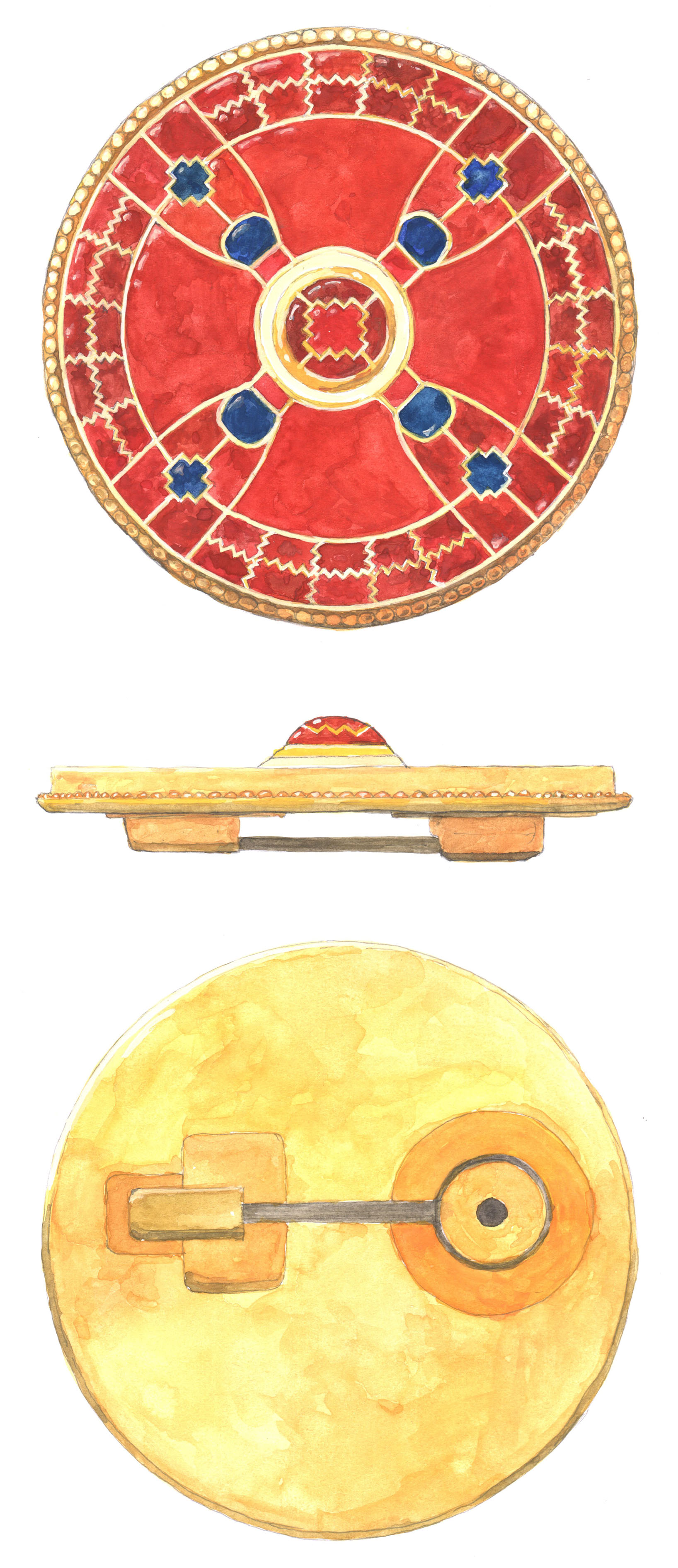 Drawing of a gold circular brooch inlaid with red and blue stones.