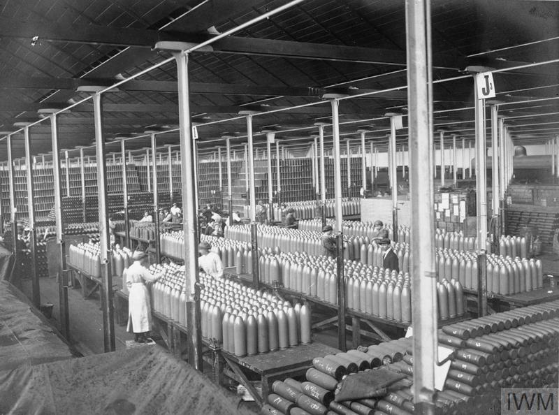 Female munition workers during the First World War testing finished shells in a factory at an undisclosed location