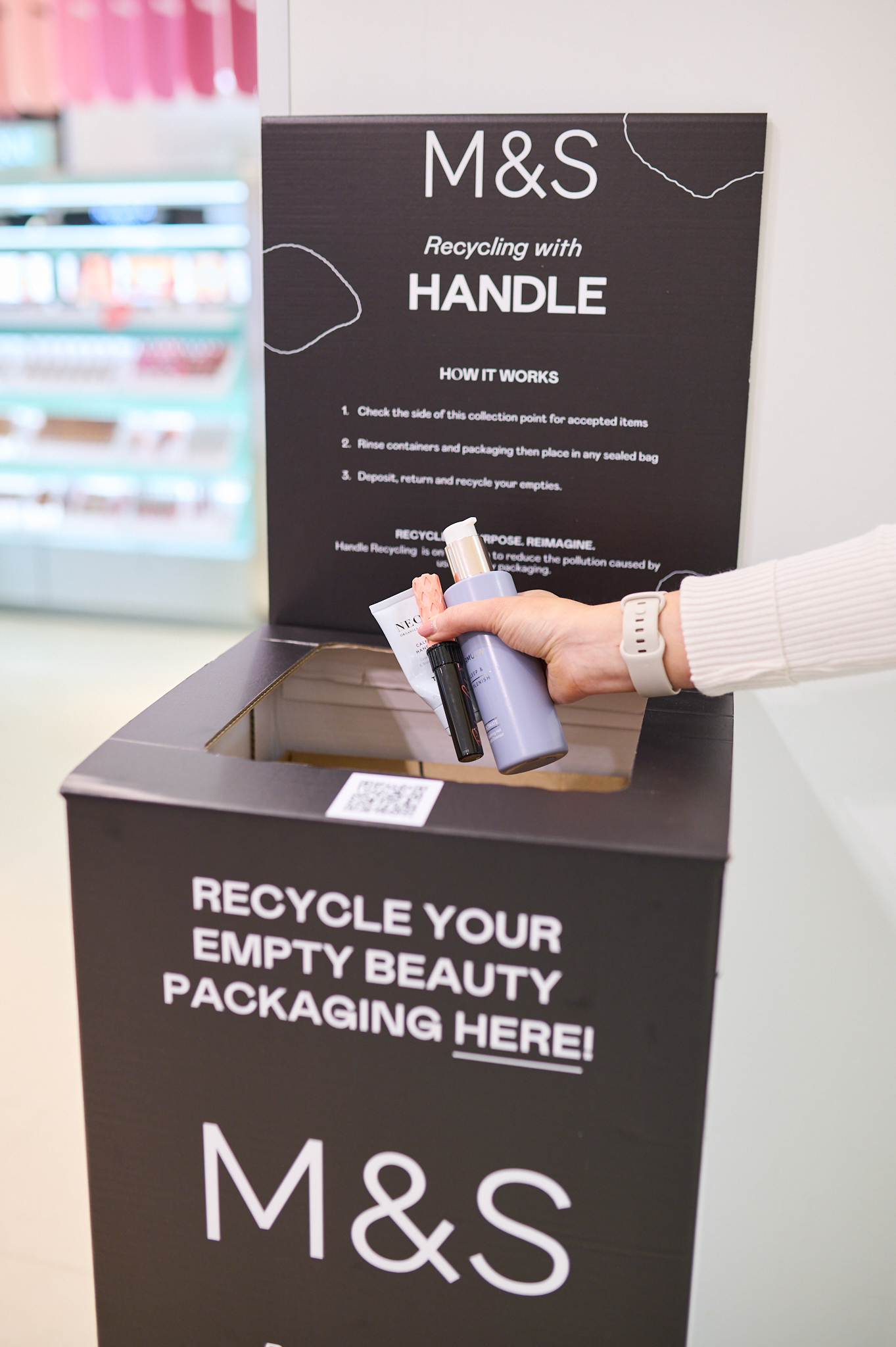 Photograph of a recycling station for beauty product packaging