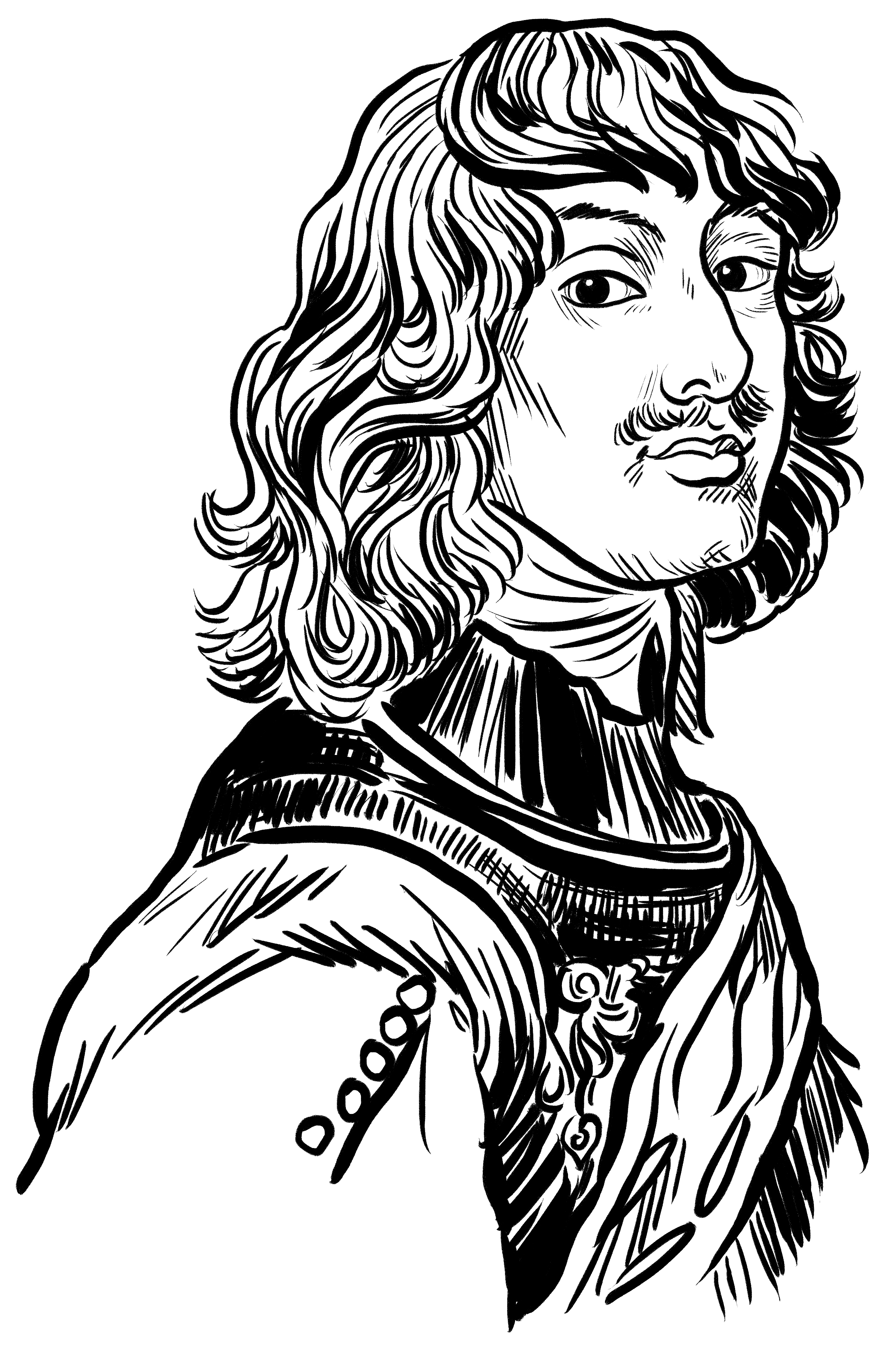 Black and white line drawing of long haired man wearing 17th Century clothing