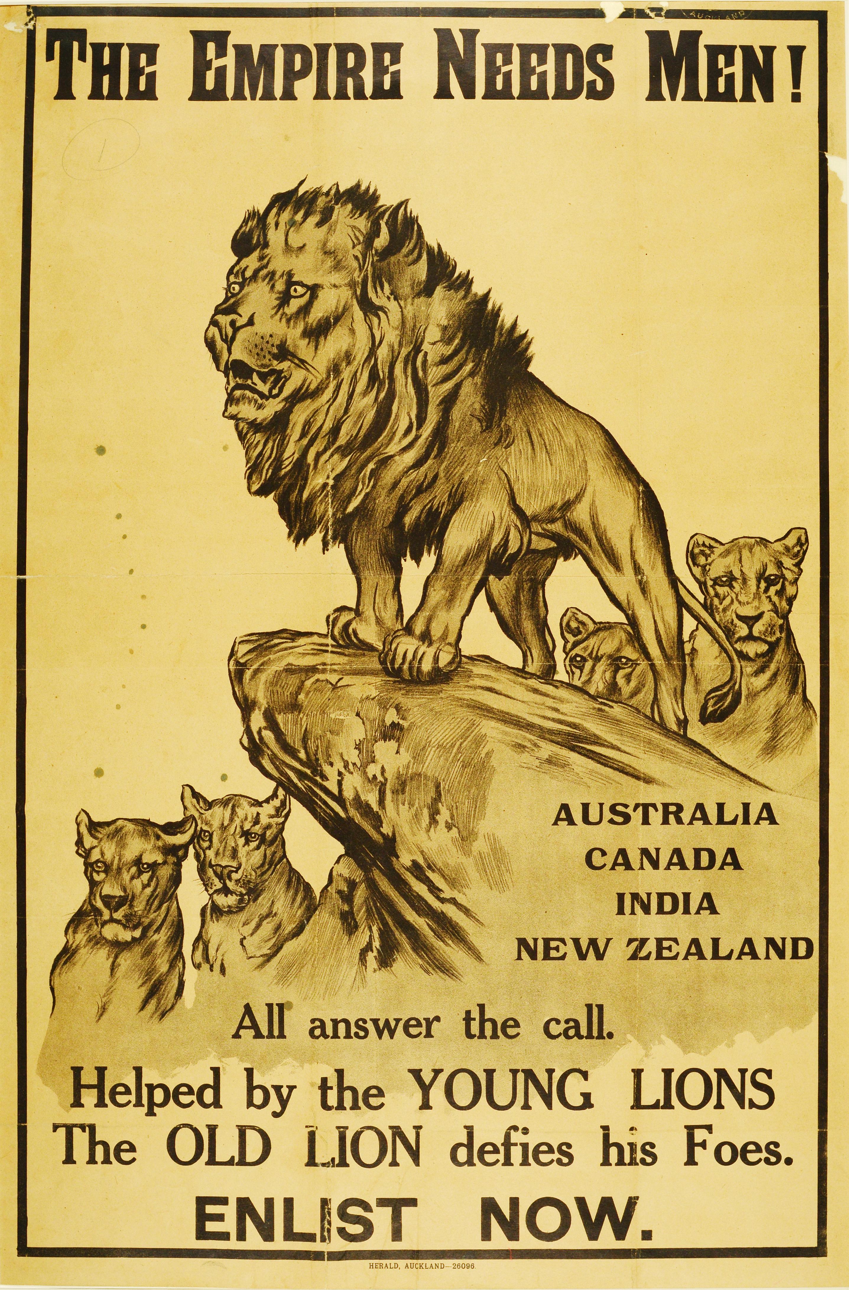 Recruitment poster with the title: The Empire needs Men! There's a picture of a lion on a rock, surrounded by lion cubs. The strapline reads: Helped by the young lions, the old lion defeats his foes! Enlist now!