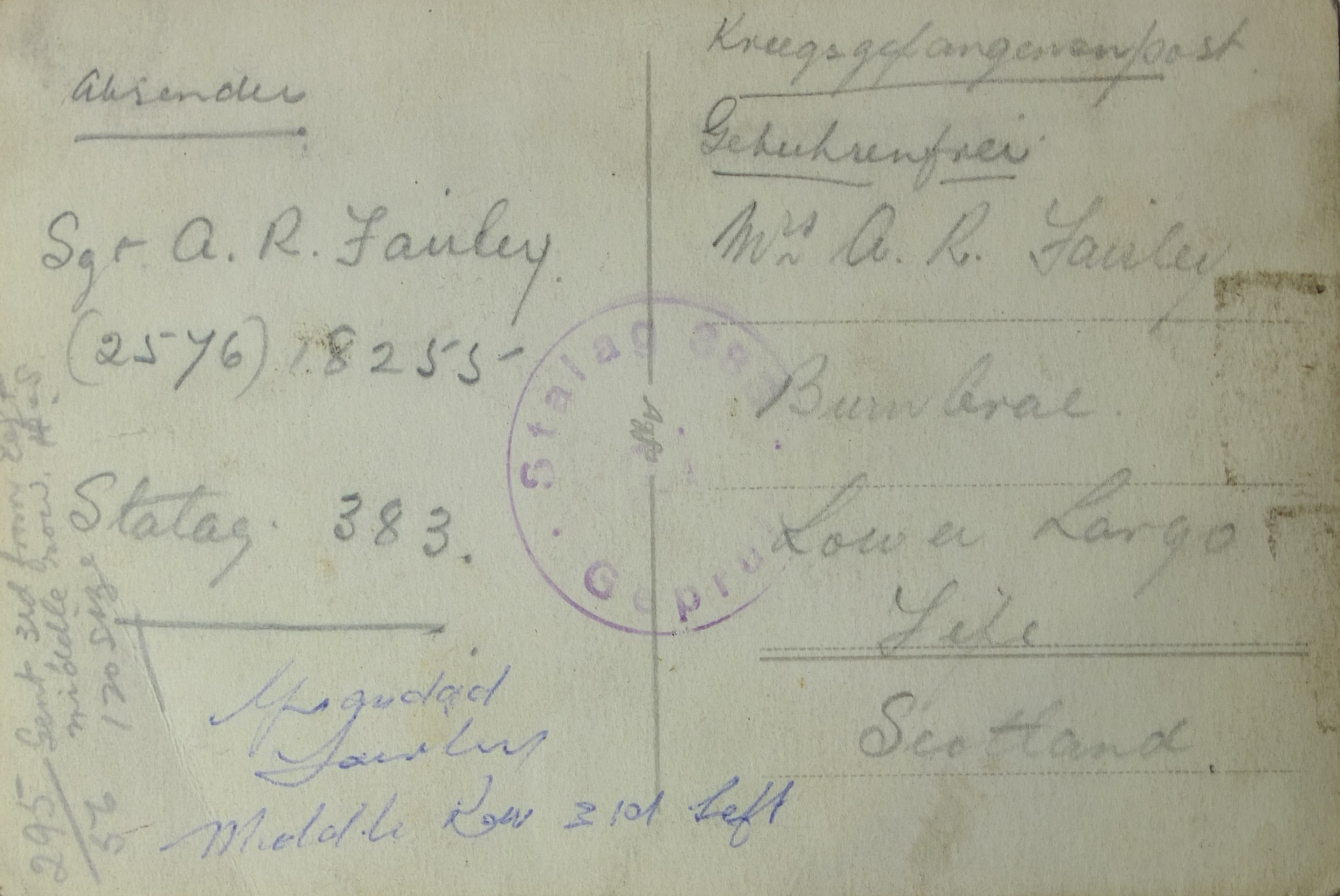 The back of a postcard sent by Sergeant A. R. Fairley from Stalag 383 to his wife in Scotland, stamped with the camp censor’s mark.