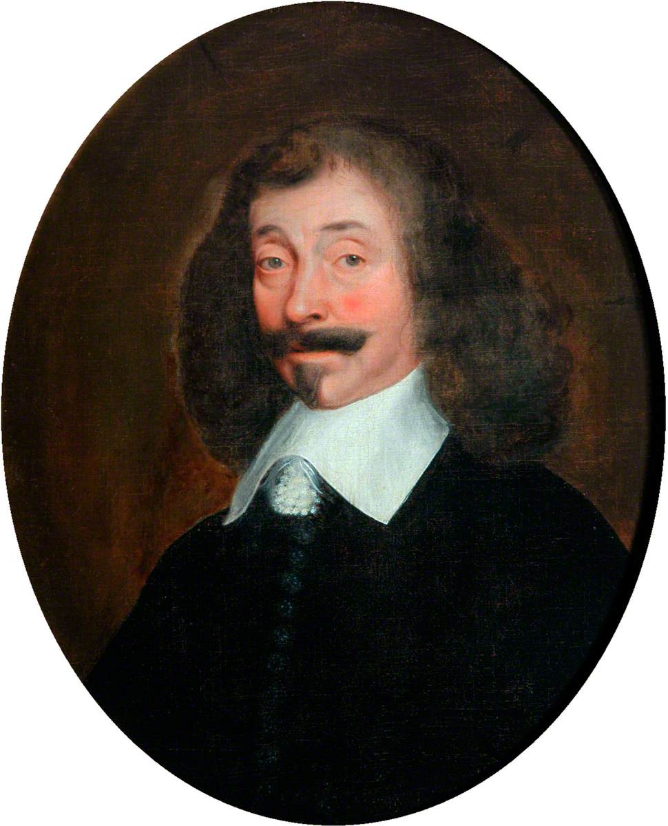 A portrait of a man with a calm expression, featuring long wavy hair, a mustache, and a beard. He wears a dark coat with a large white collar. The background is dark.