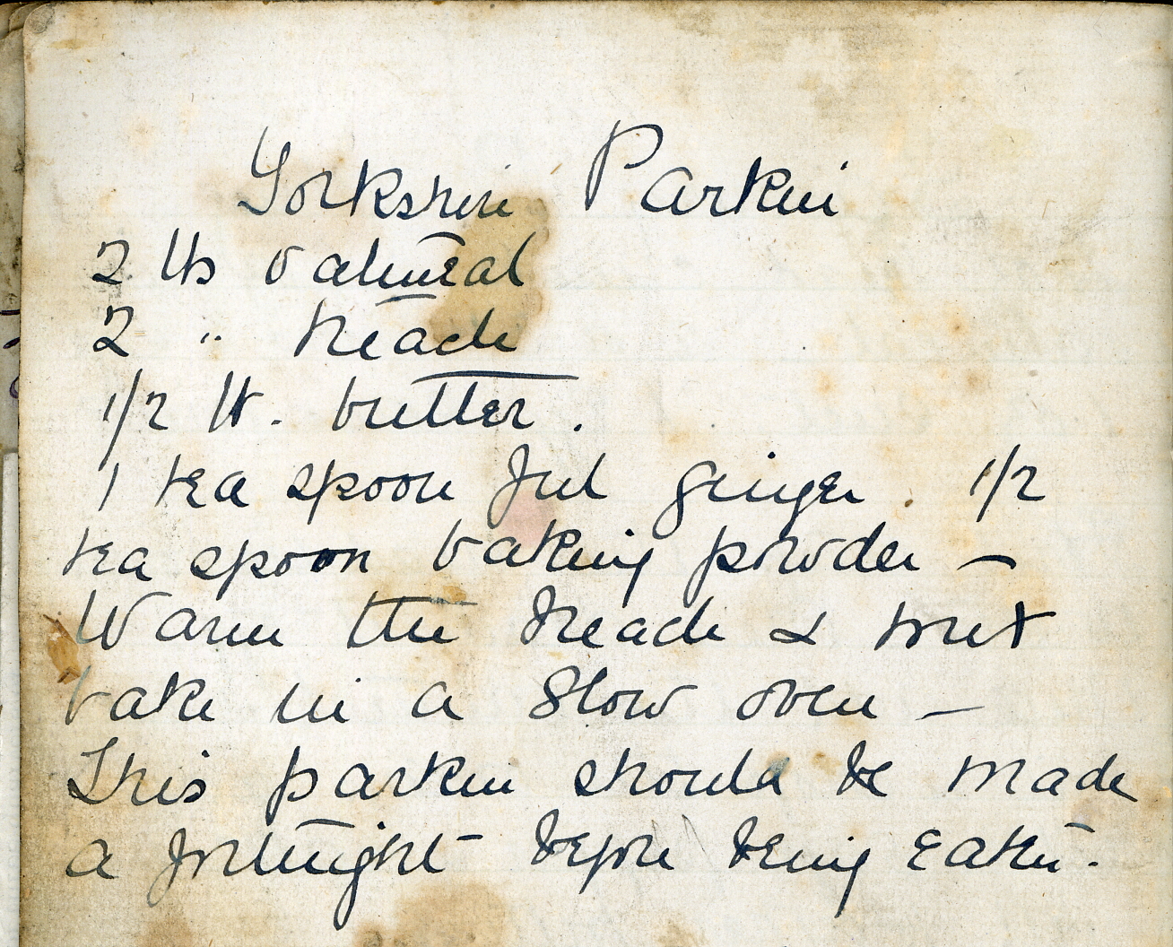 Handwritten recipe for Yorkshire Parkin