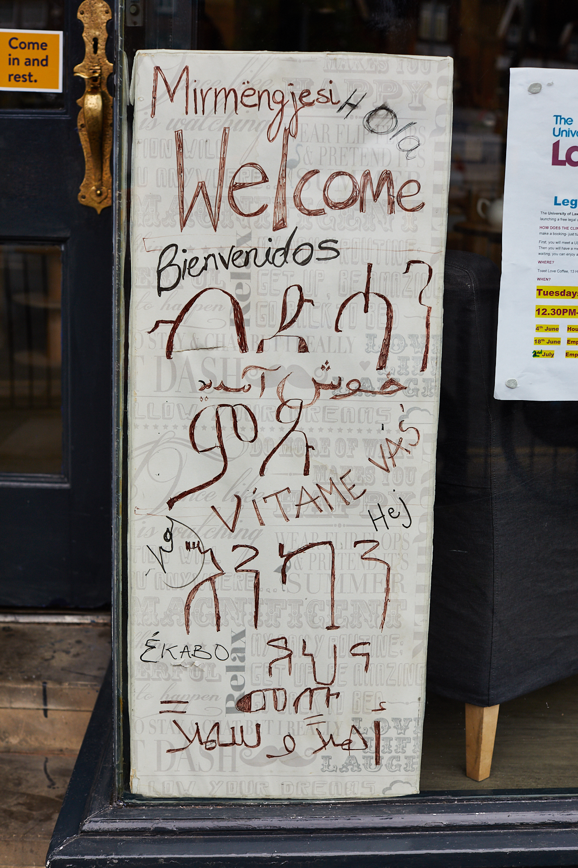 Welcome sign in window at Toast Love Coffee Café, Harehills, 2019