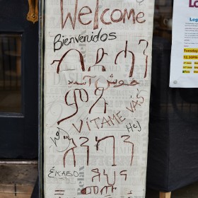 Café Window Welcome Sign, Leeds 2019