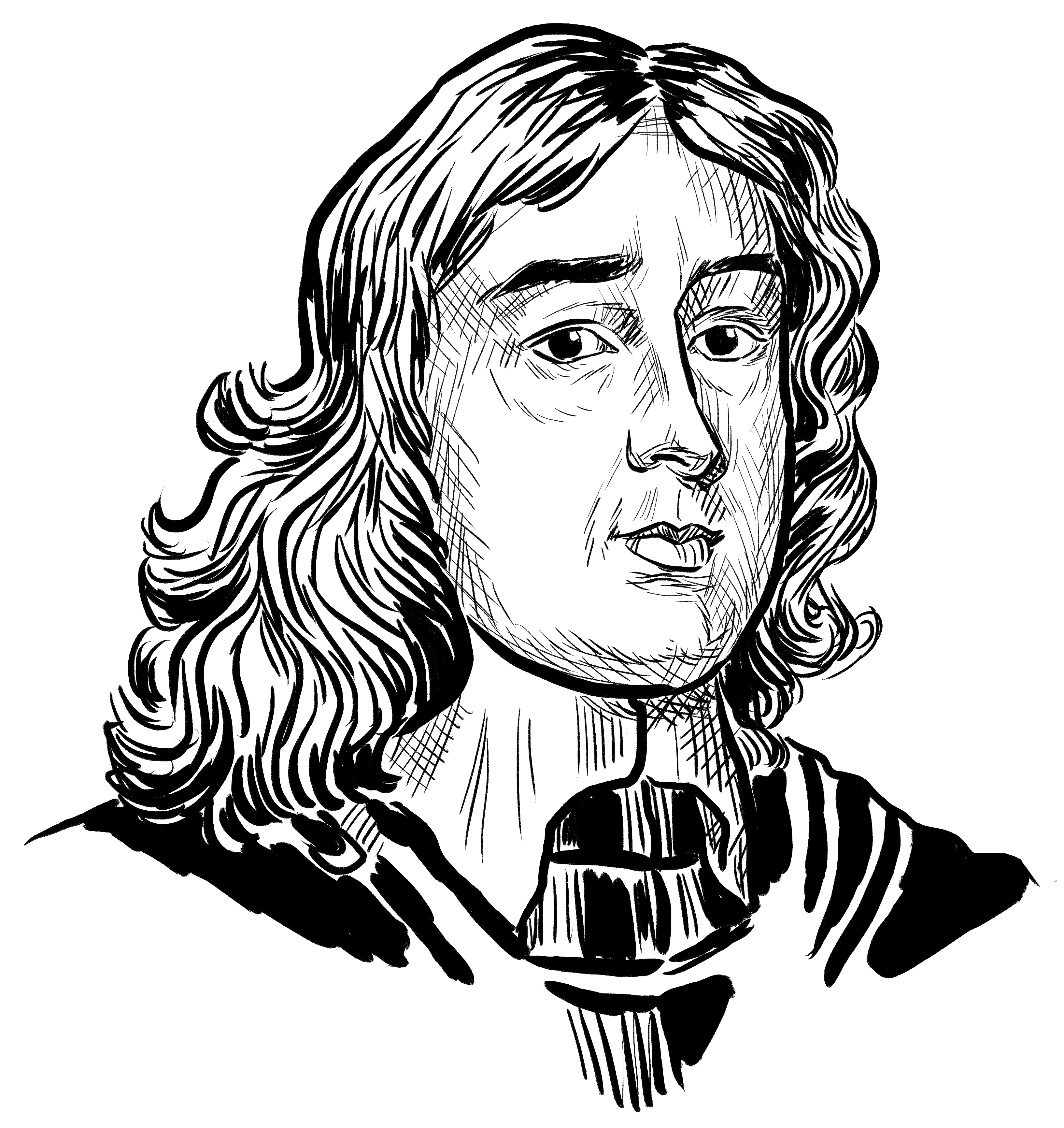 Black and white drawing of long haired man wearing 17th Century clothing