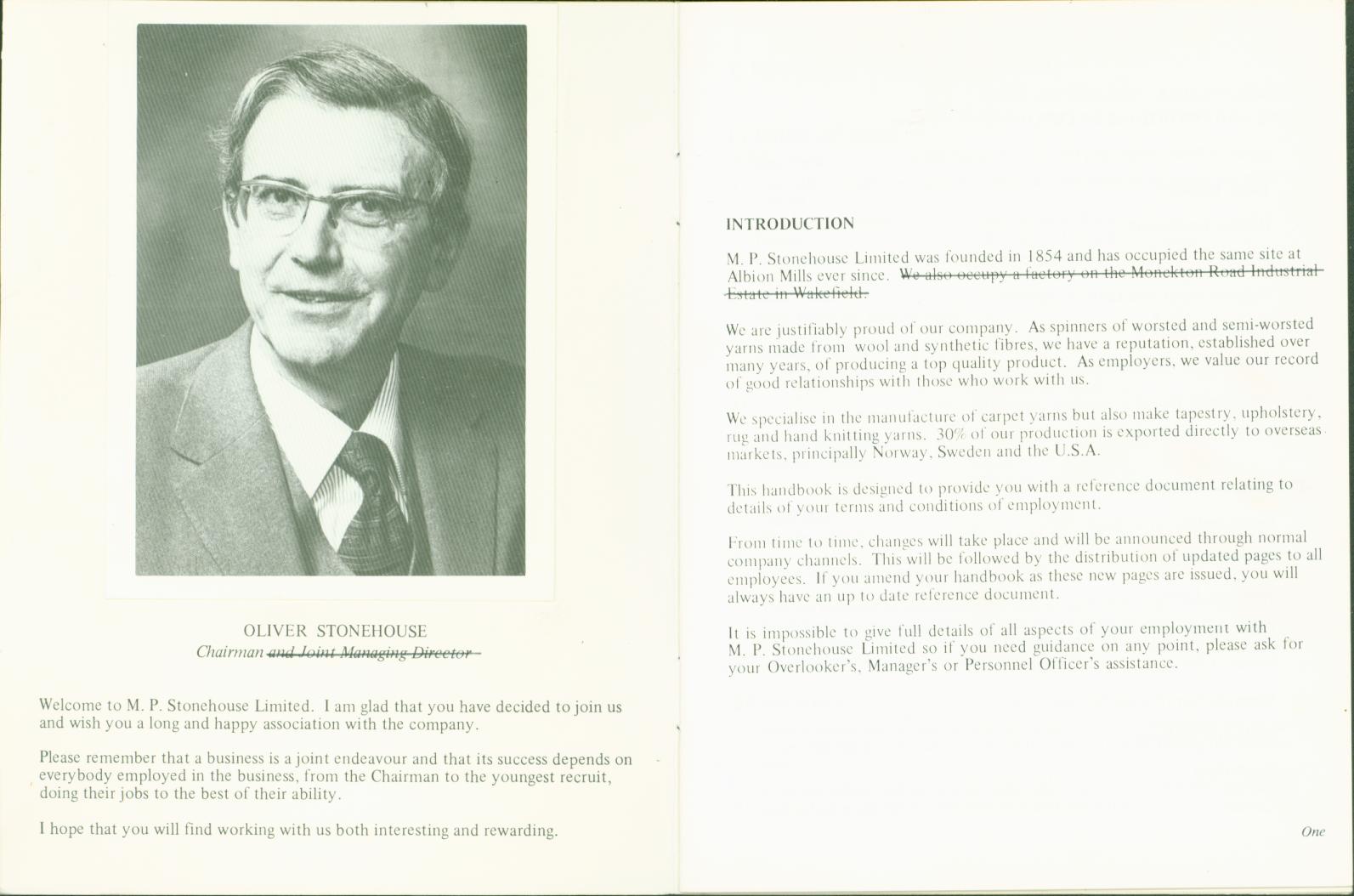 Scan showing a double page of a handbook, with a black and white portrait photo of Oliver Stonehouse and an introduction