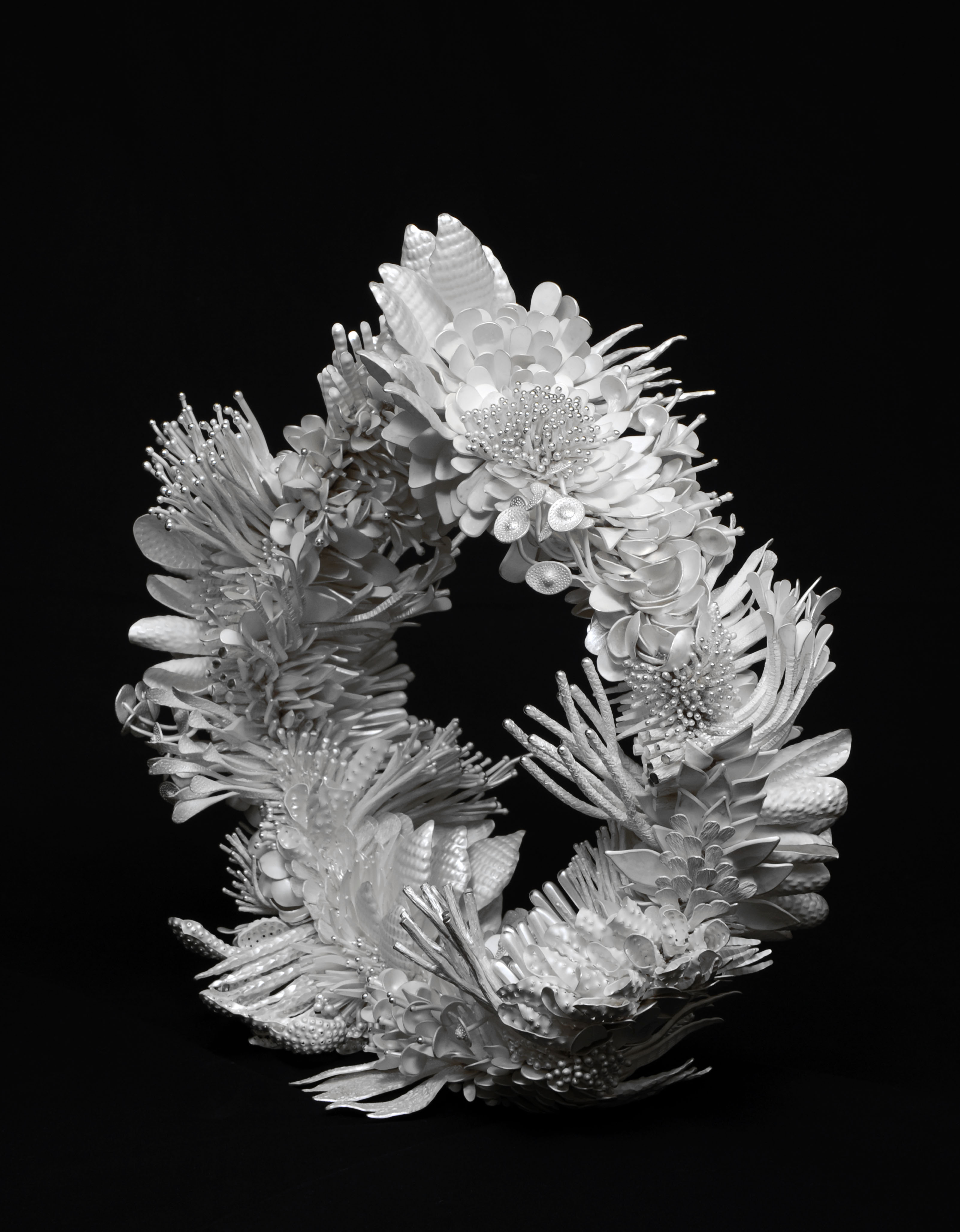 Silver wreath sculpture by Junko Mori