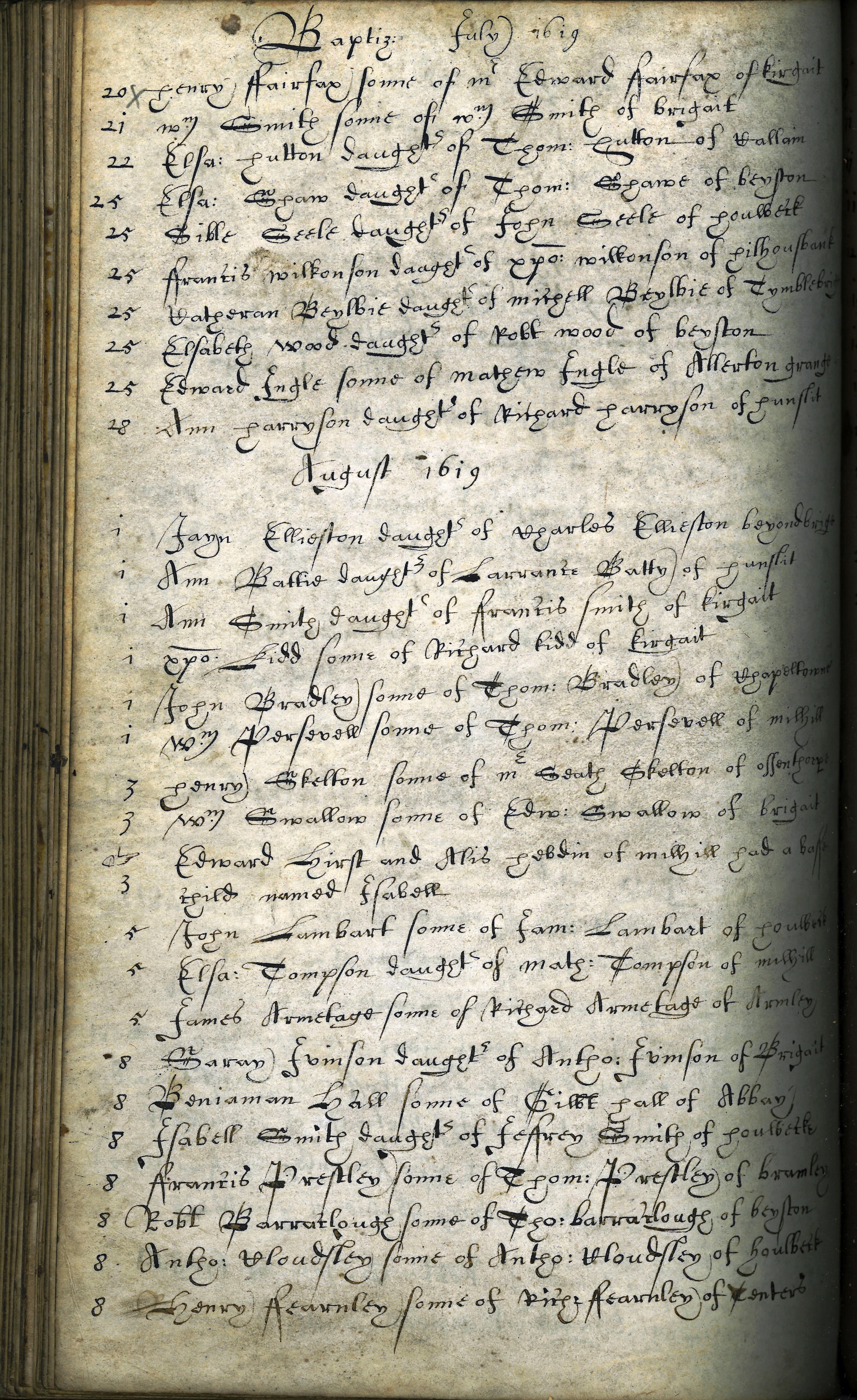 Page showing baptisms at St Peter's Church, Leeds during 1619.