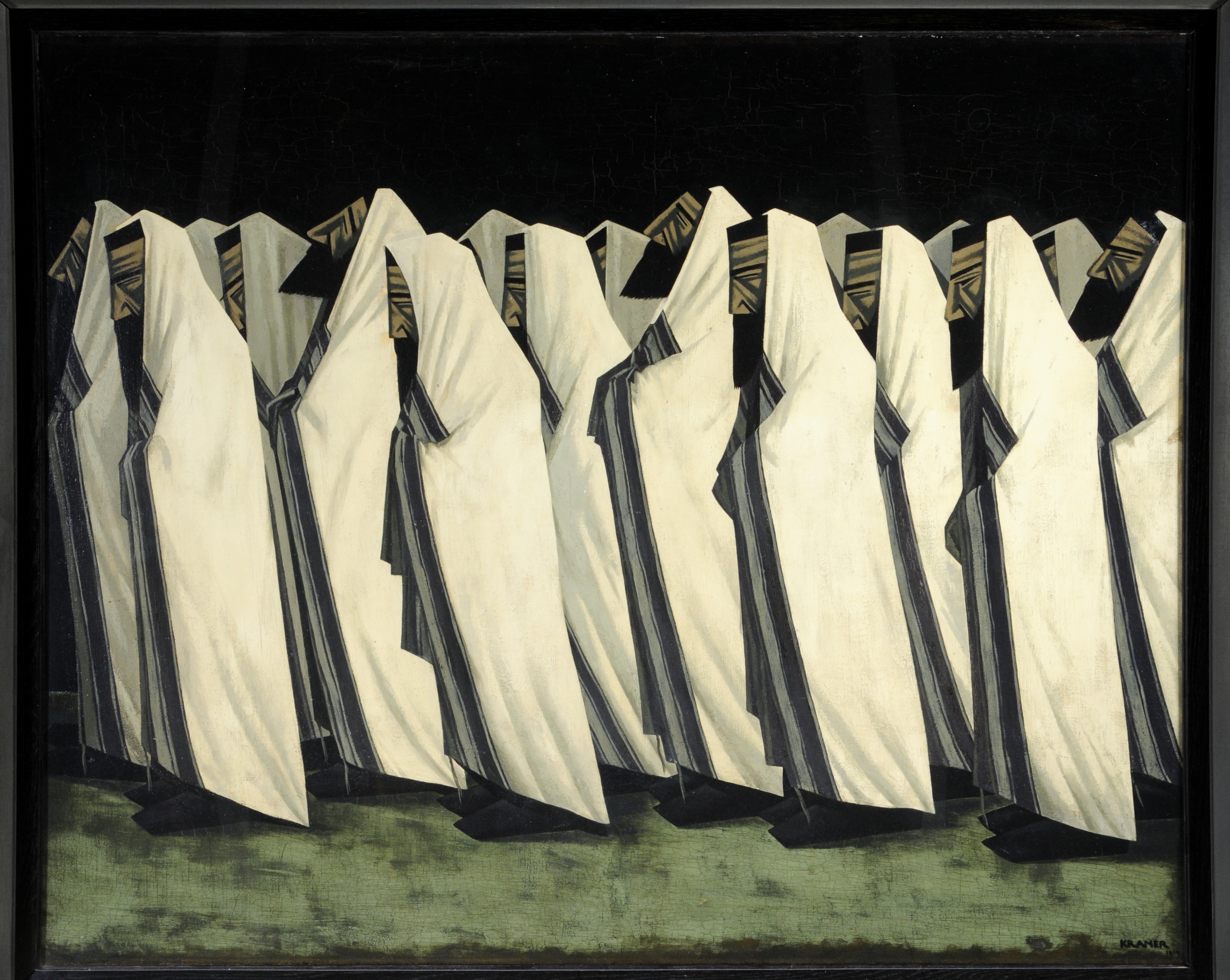 The Day of Atonement by Jacob Kramer, a painting depicting a series of white cloaked figures walk from right to left across the canvas, with heads bowed in prayer