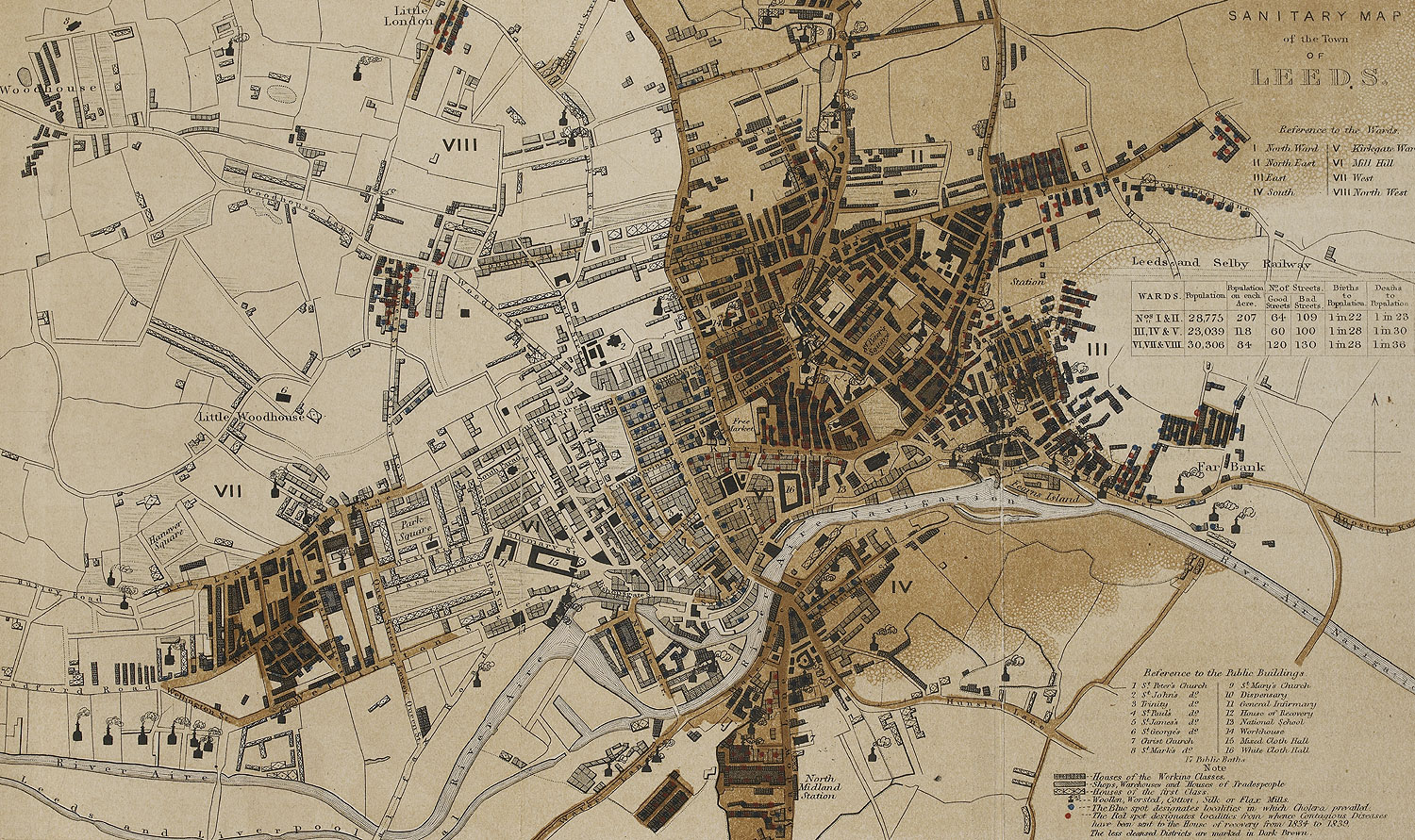 Hand drawn map showing all the outbreaks of cholera in the city of Leeds
