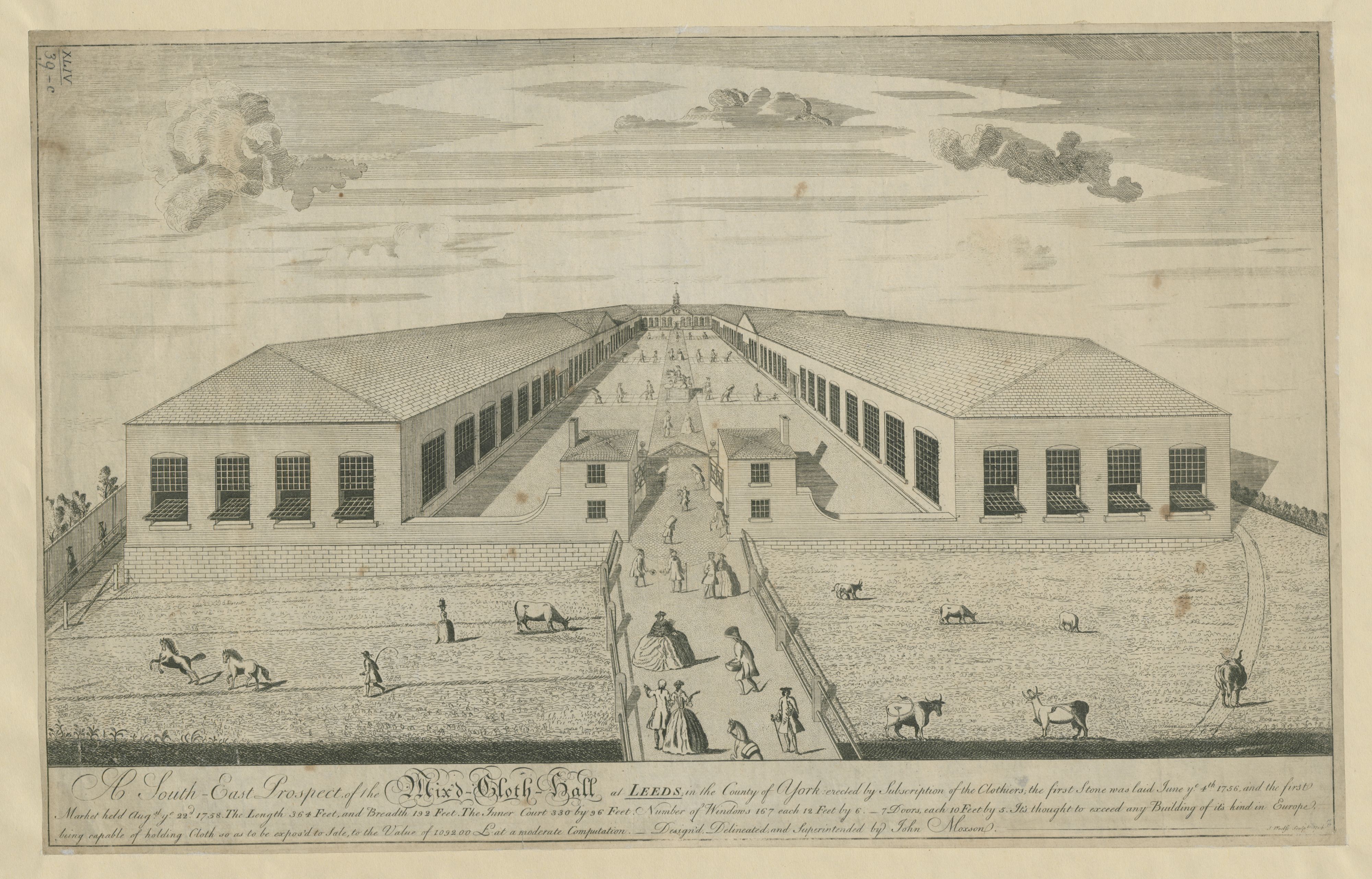 Drawing of mixed cloth hall with entrance and image of cattle crazing to either side. Long buildings tapper into the distance with lots of windows and clouds in the sky.