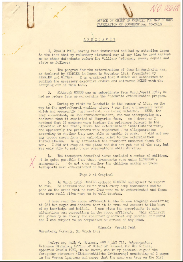 Typed copy of statement made by Oswald Pohl, Senior SS Administrator, 1947