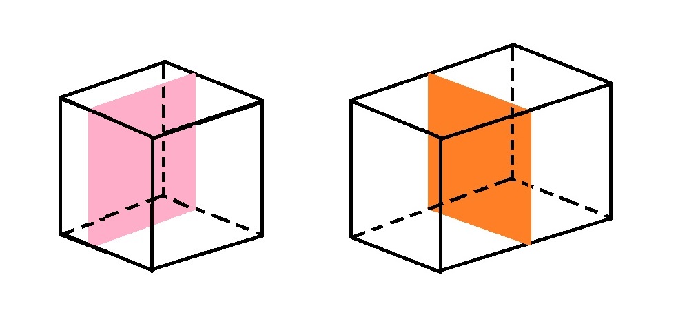 Black and white line diagrams of a 3D cube and cuboid. The cube has a pink square cross-section revealed inside it, and the cuboid an orange cross-section.