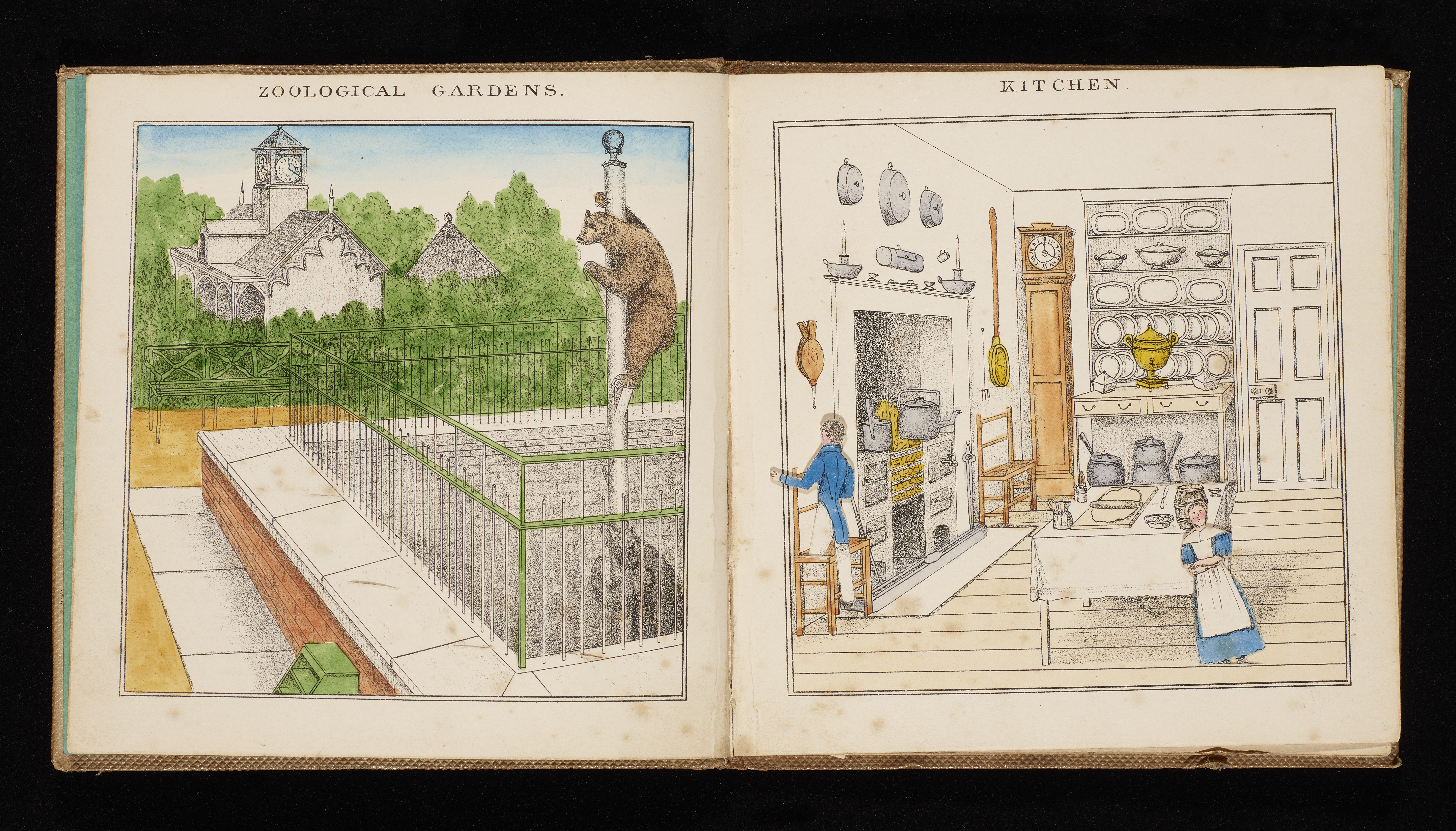 Two colour illustrated scenes, one showing a zoo with two bears climbing a pole, and one showing a kitchen.