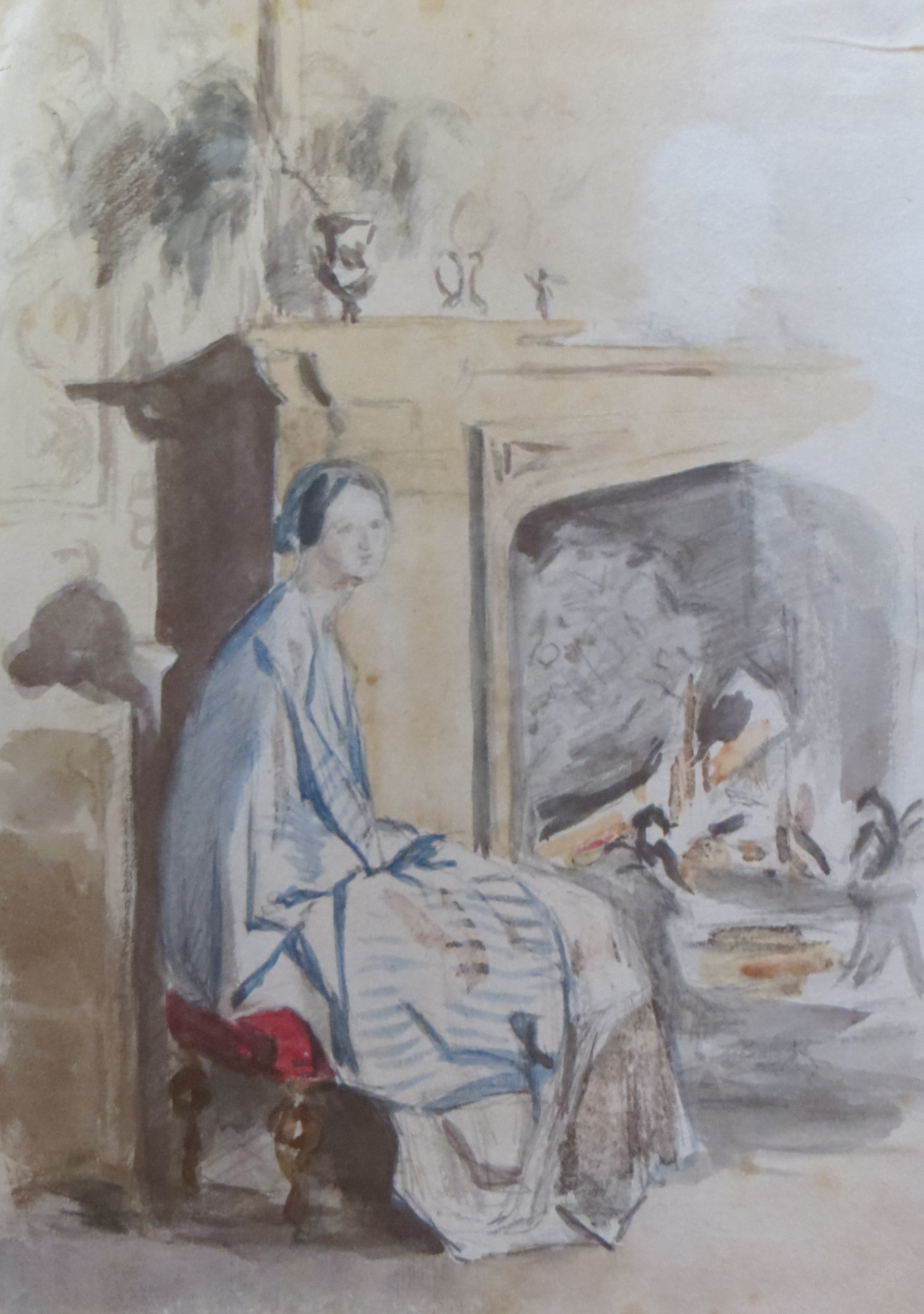 Painting of Florence showing her sitting on a stool next to a fireplace.