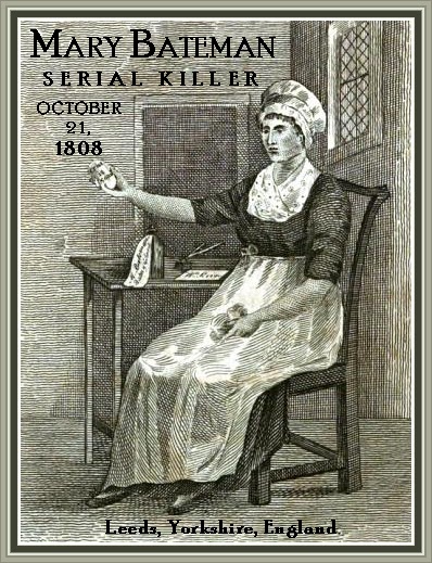 Drawing of Mary Bateman.  She is shown sitting in a chair, wearing a white skirt and hat with a dark coloured shirt.  she is holding out an egg shaped object.
