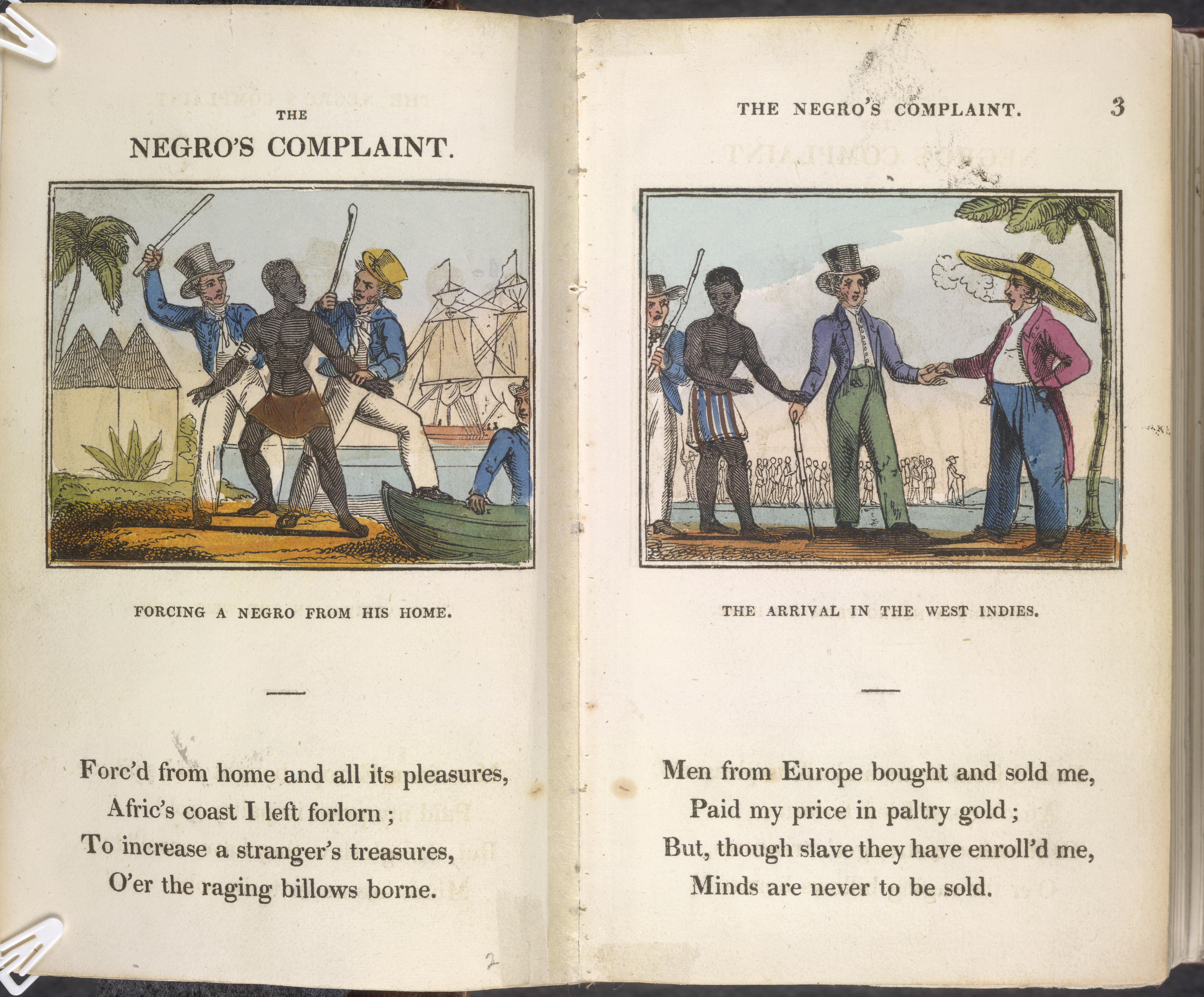 Double page spread with a stanza of a poem and a coloured woodcut on each page showing white plantation owners with a black slave.