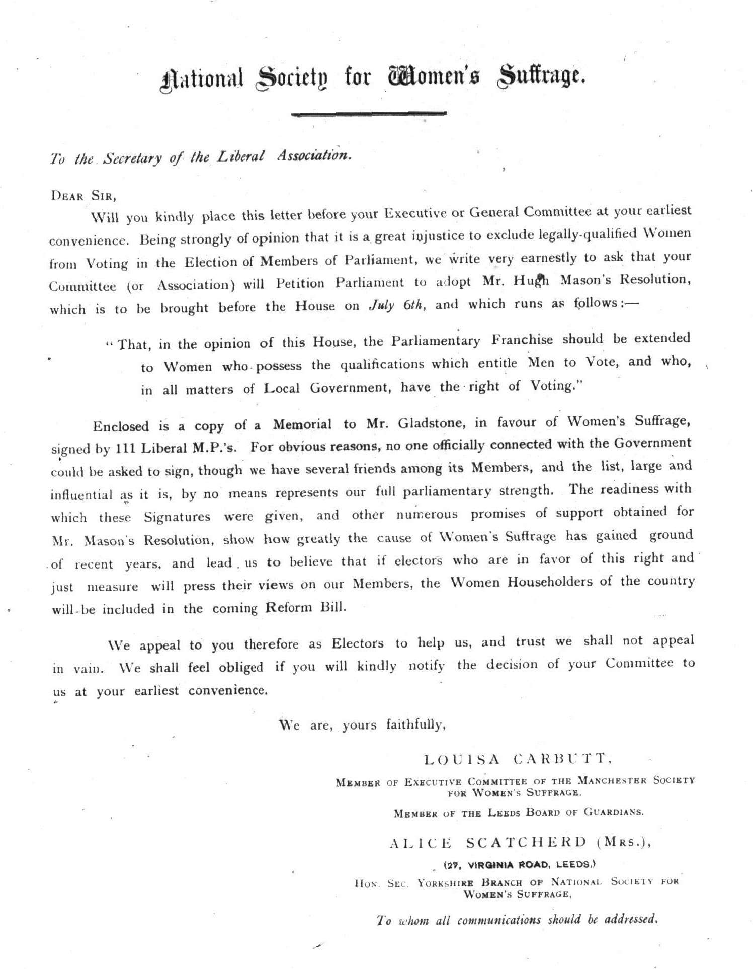 Letter to Liberal Society signed by Alice Scatcherd on behalf of the National Society for Women’s Suffrage