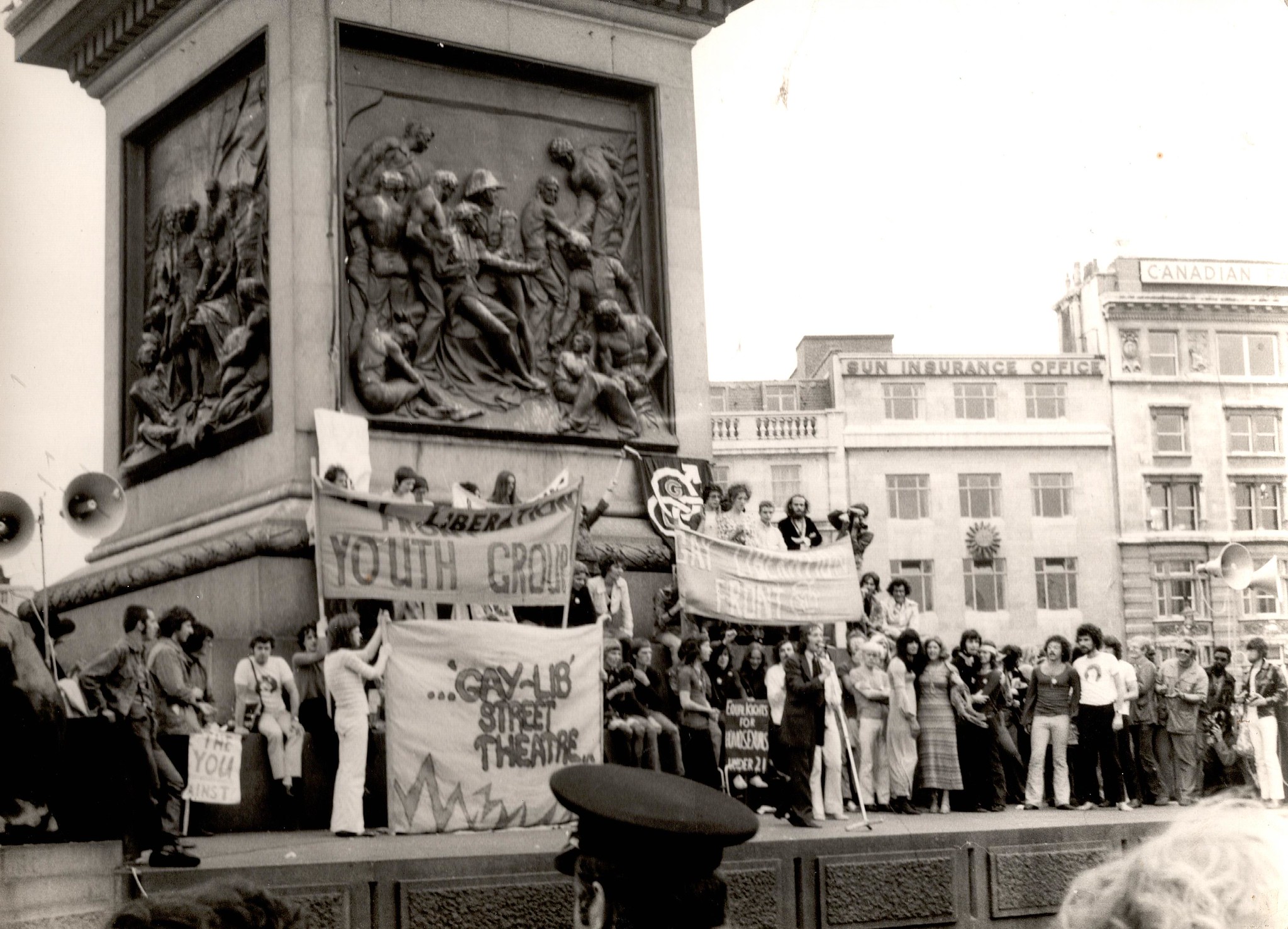 Black and white photo of Age of Consent demonstration at Trafalgar Square, 1971