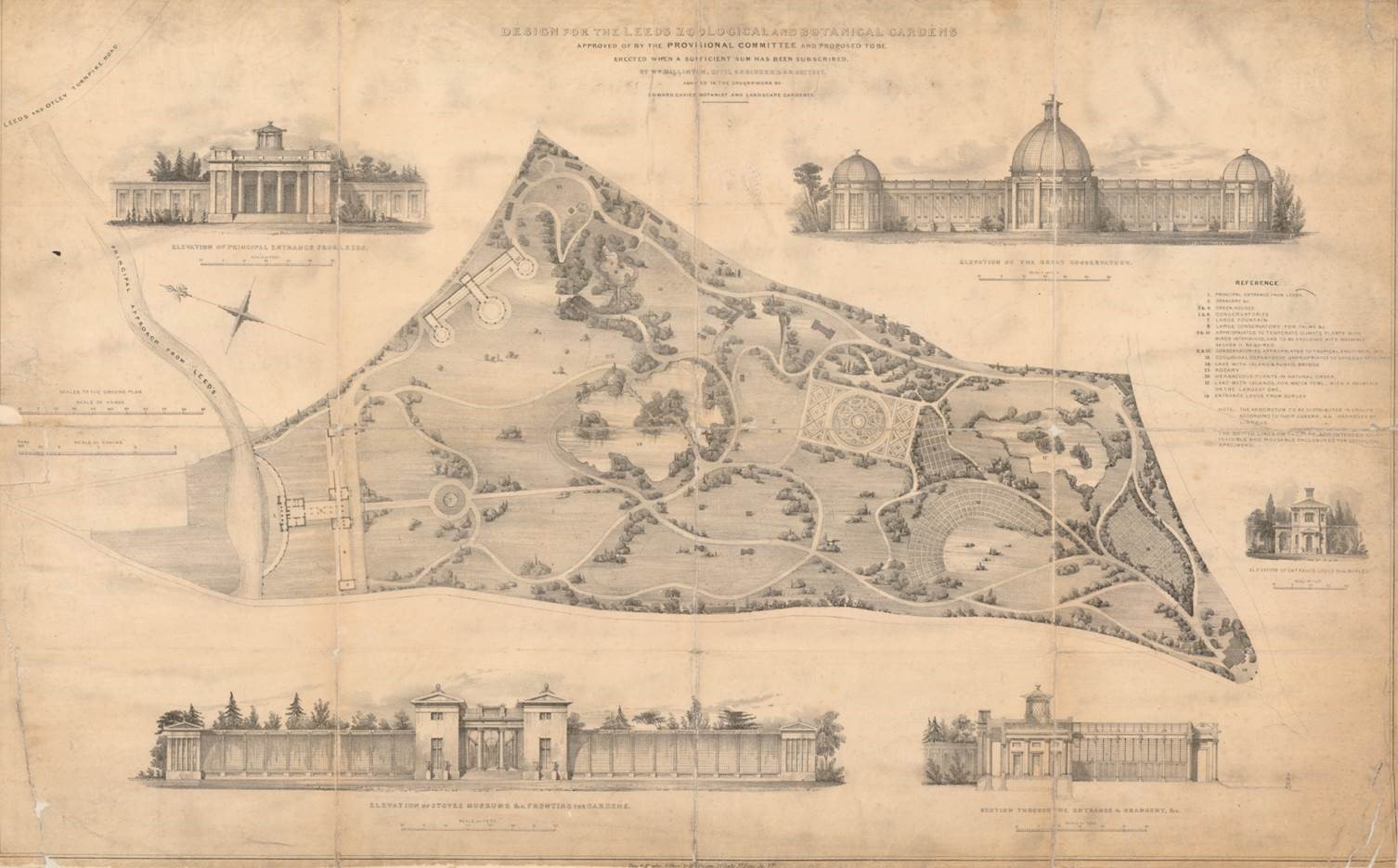 Drawing of the 1858 design for Leeds Zoological and Botanical Gardens showing a large landscaped area with trees, paths and several grand looking buildings.