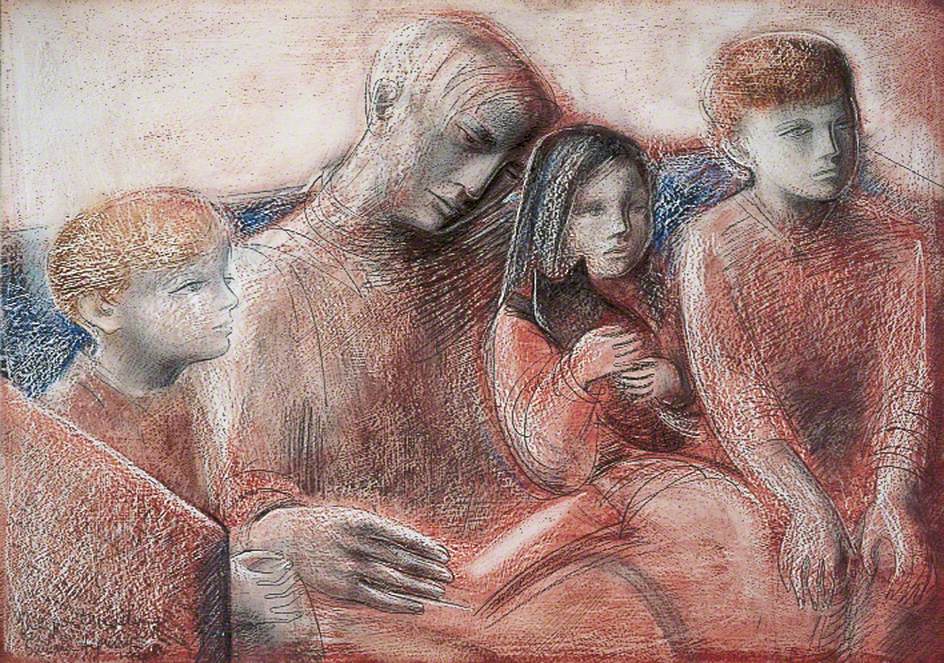 Drawing showing showing four people sitting on a sofa. The man  is reading to three children with the book on his lap. From left to right there is a boy, the father, a girl holding a cat in her arms and another boy. The children are triplets aged around 7 years old. The drawing is done in red, blue and black.