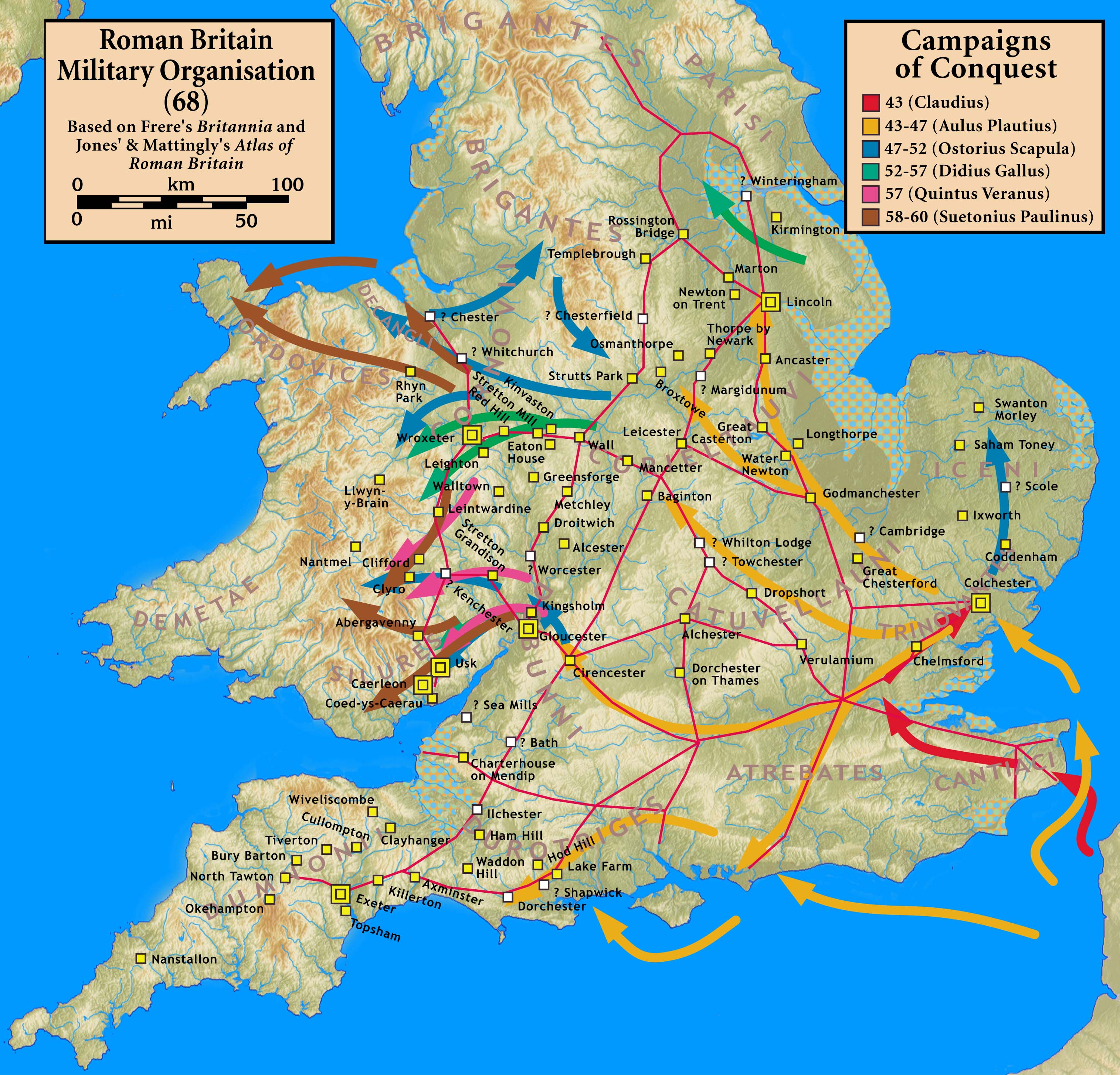 Colour image of a topographical map of southern Britain showing coloured arrow and dates of Roman campaigns and conquests