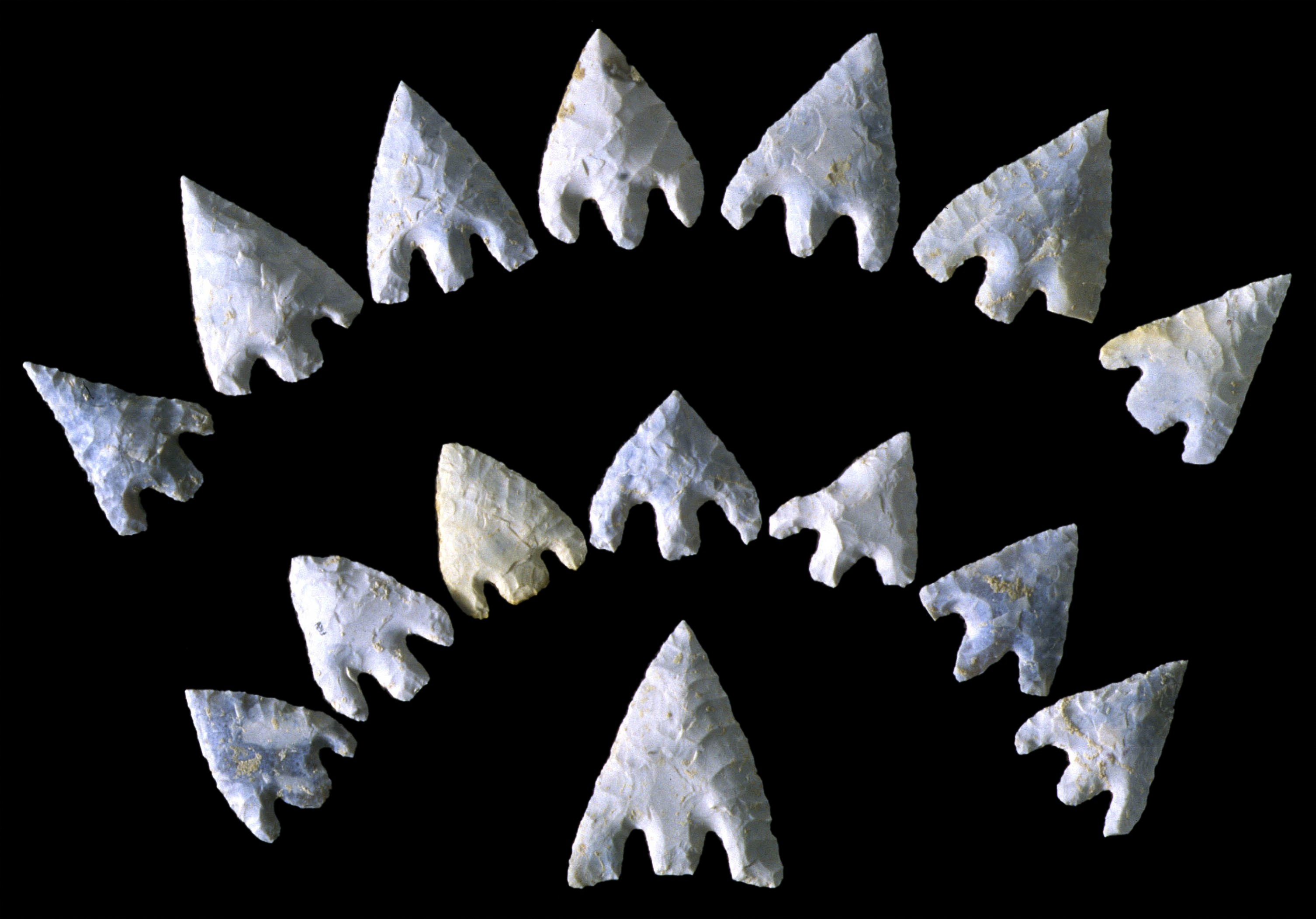 2 rows of prehistoric arrowheads arranged on a black background