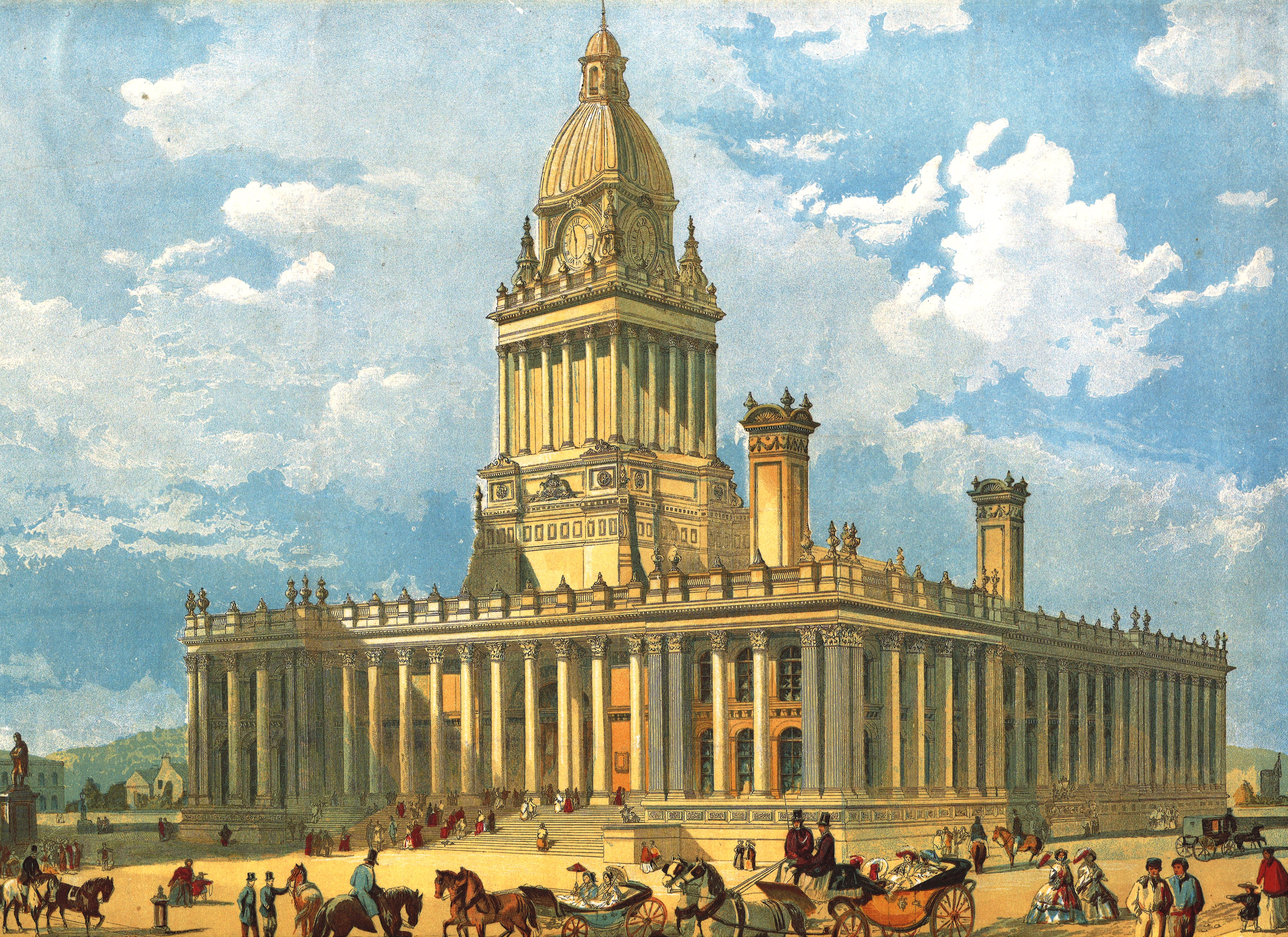 Painting showing Leeds town hall against a blue sky with white clouds. In the foreground are people an horses and carriages.