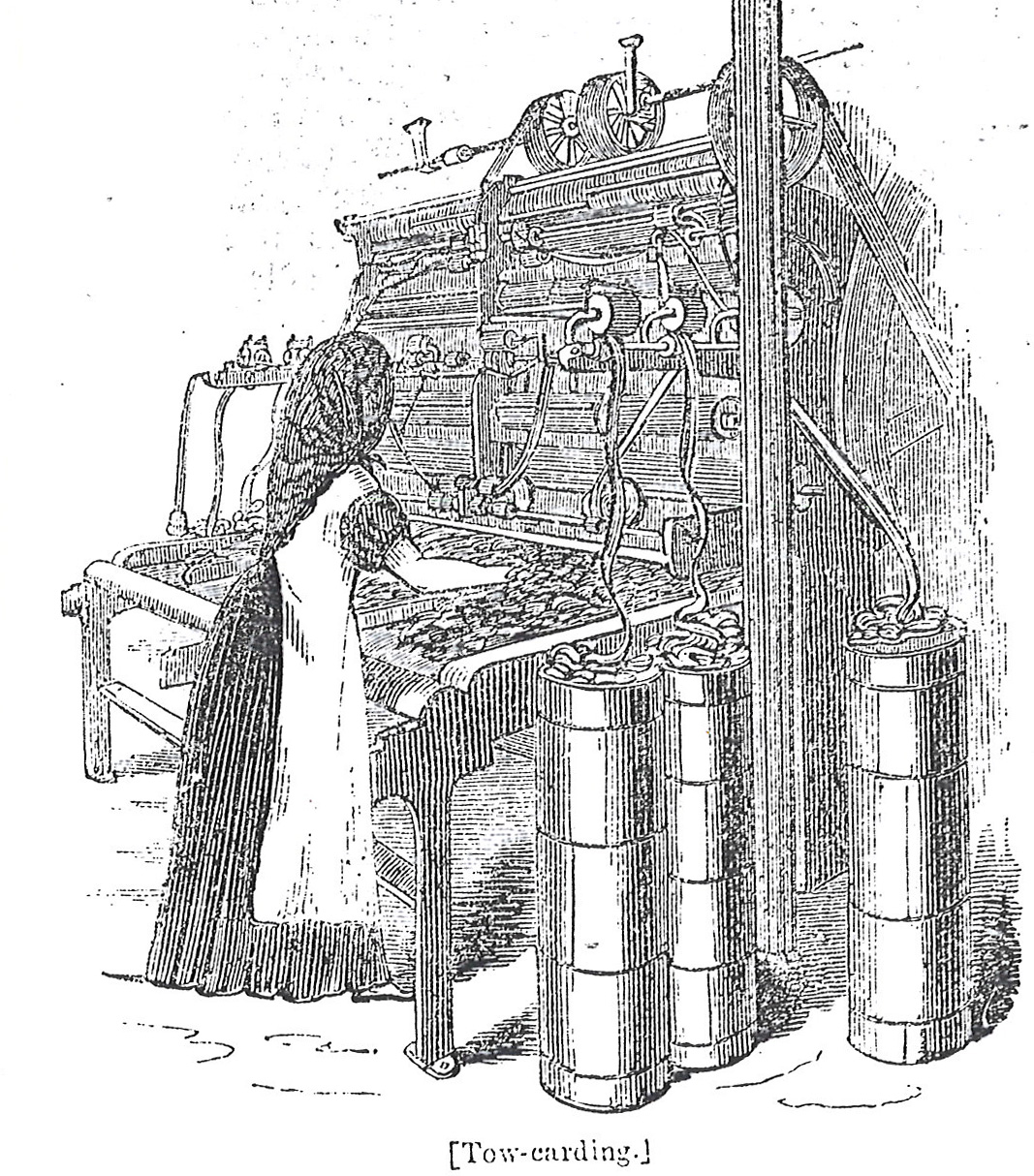 Illustration of a woman or young girl working in a flax mill.