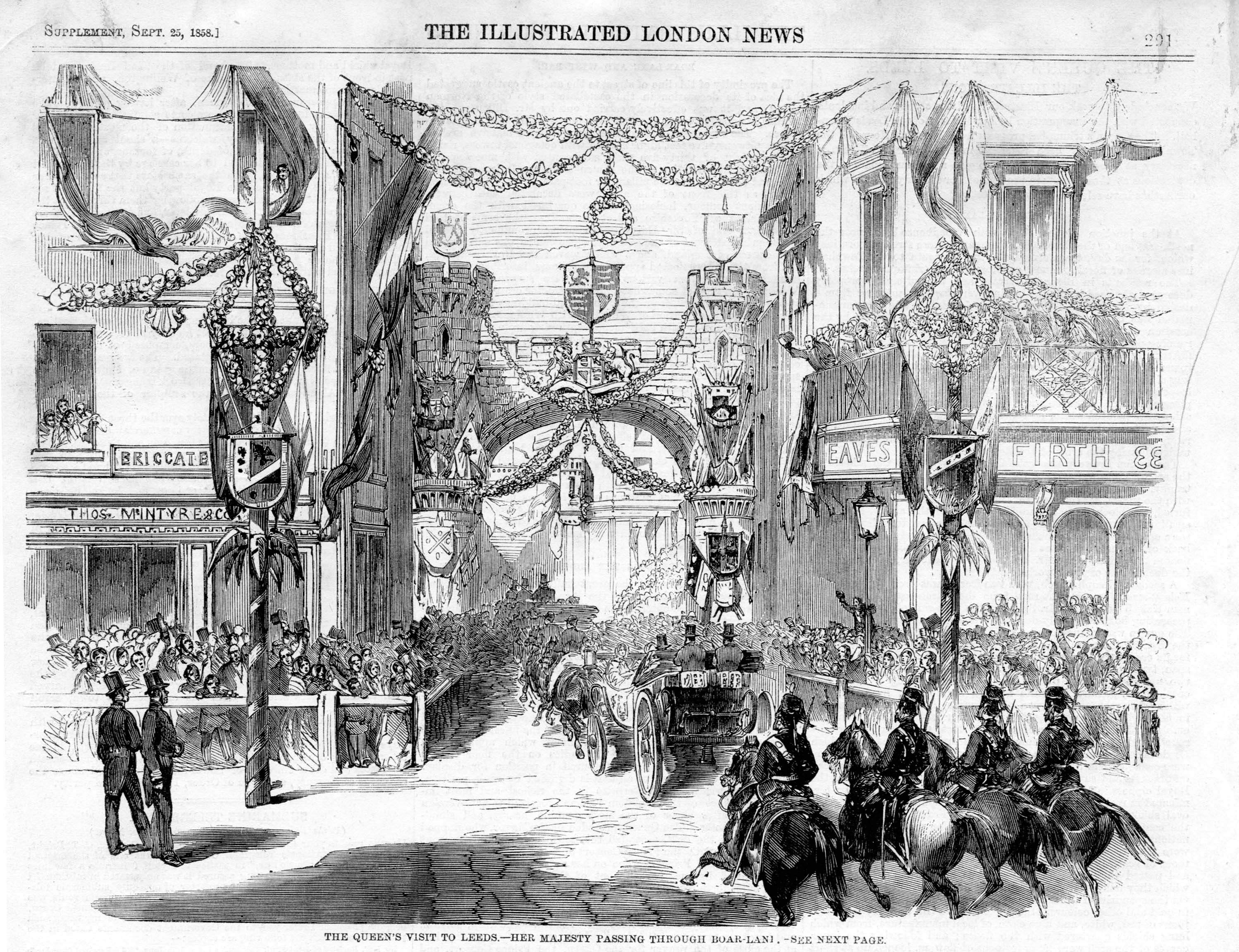 Black and white drawing showing the Queen and her entourage entering the city through an archway