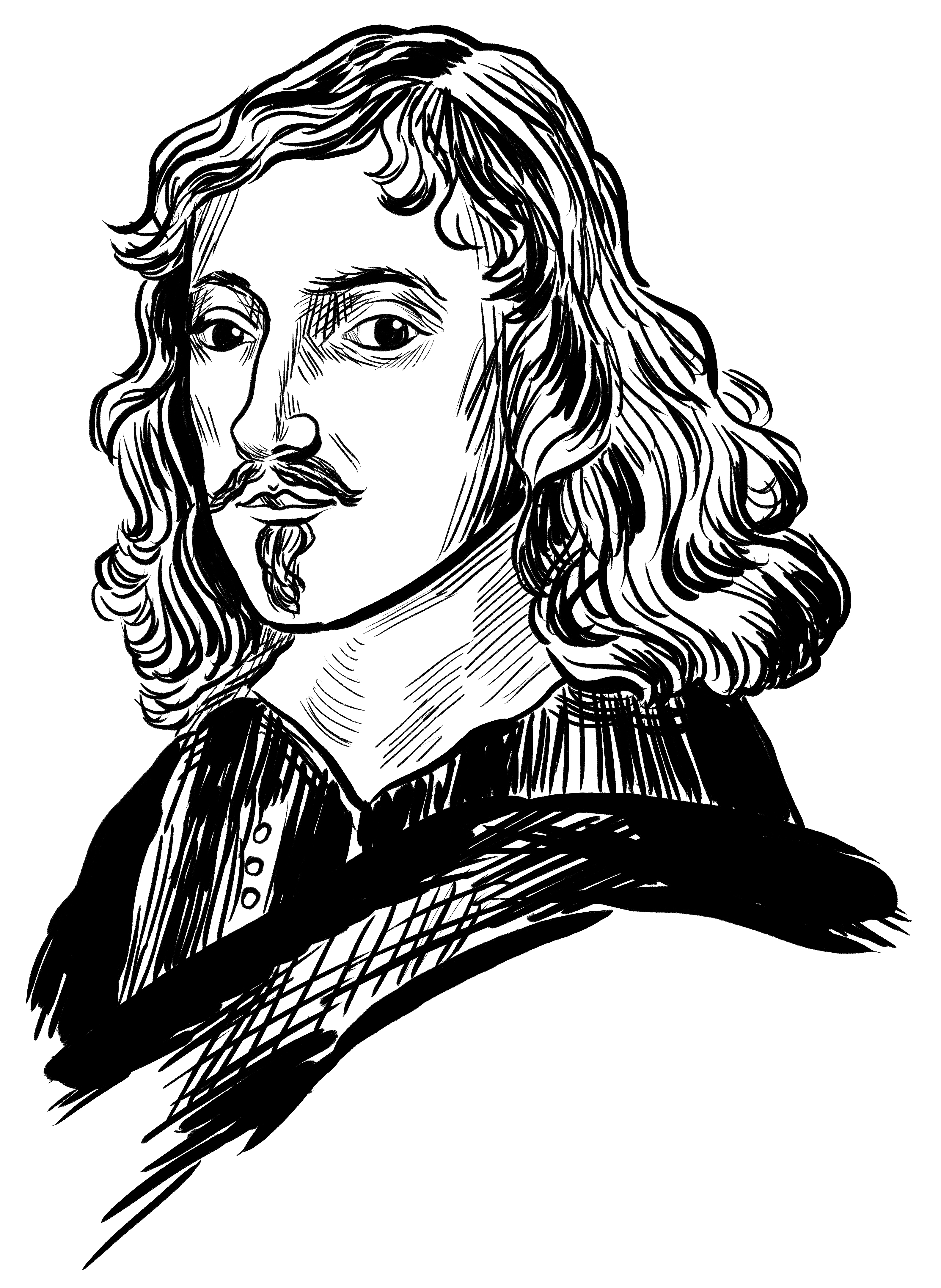 Black and white line drawing of a long haired man in 17th Century clothing