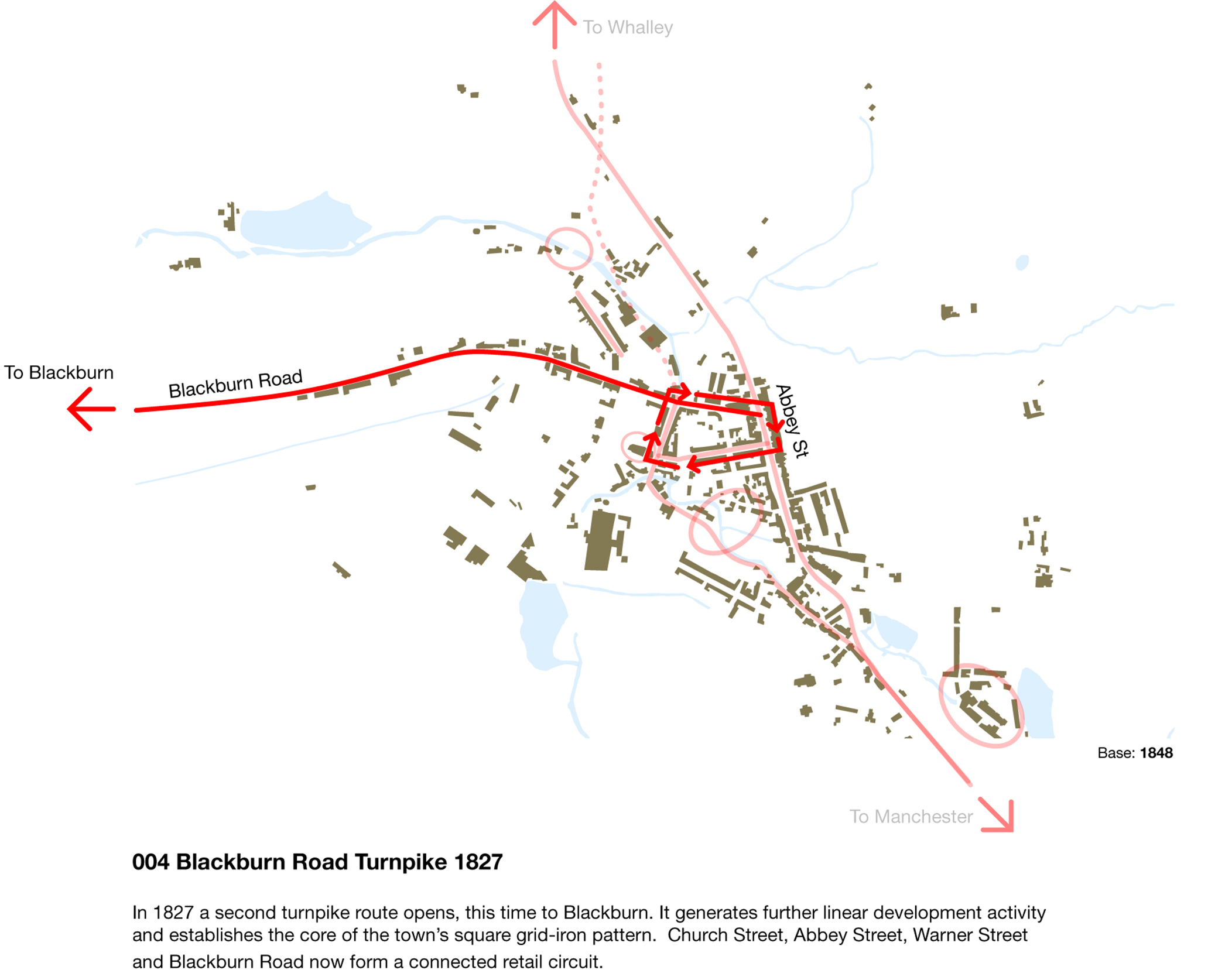 Coloured contemporary map showing the location of the Blackburn Road