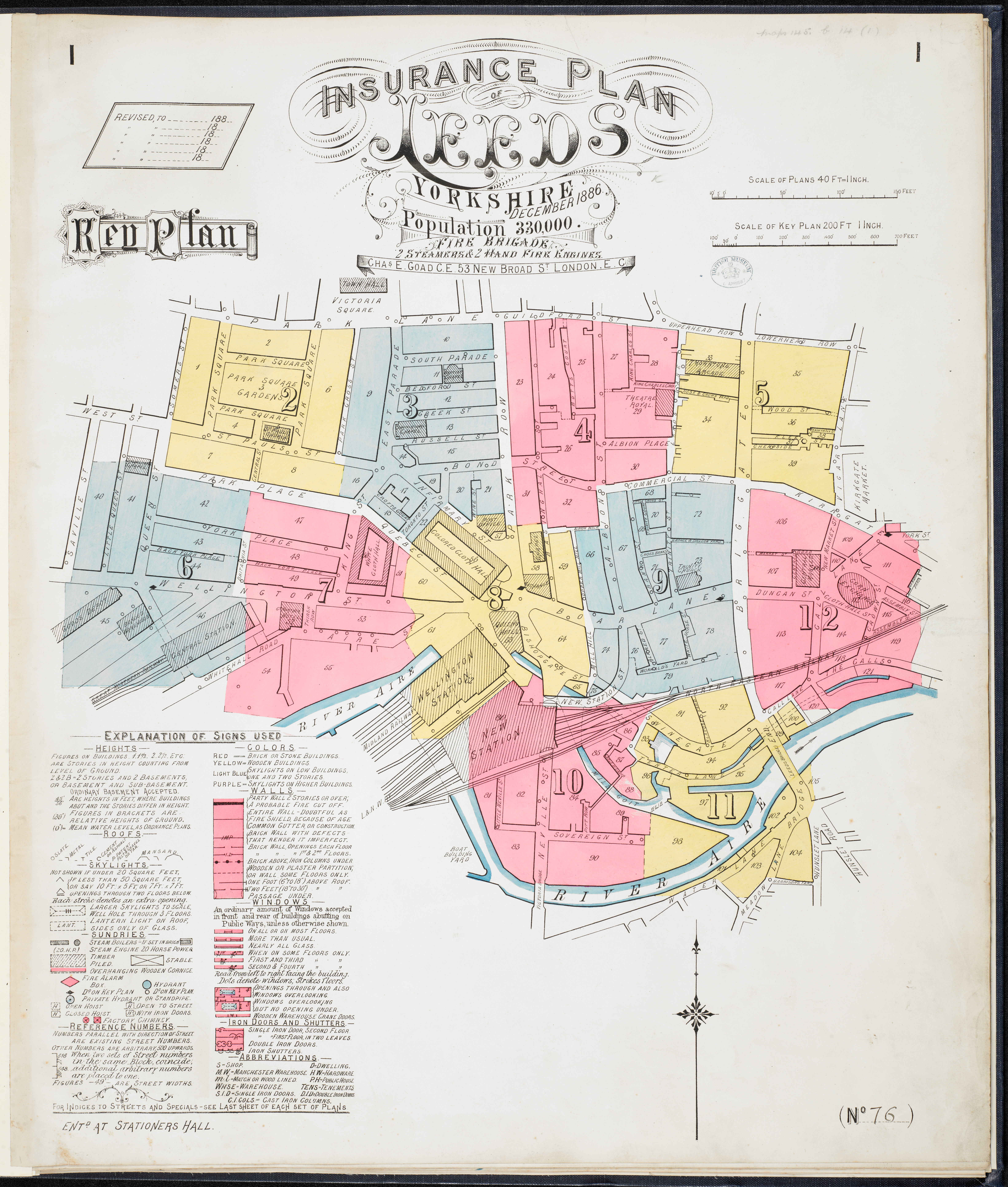 Map drawing of central Leeds showing size and population. Colour coded  areas in yellow, pink and blue.